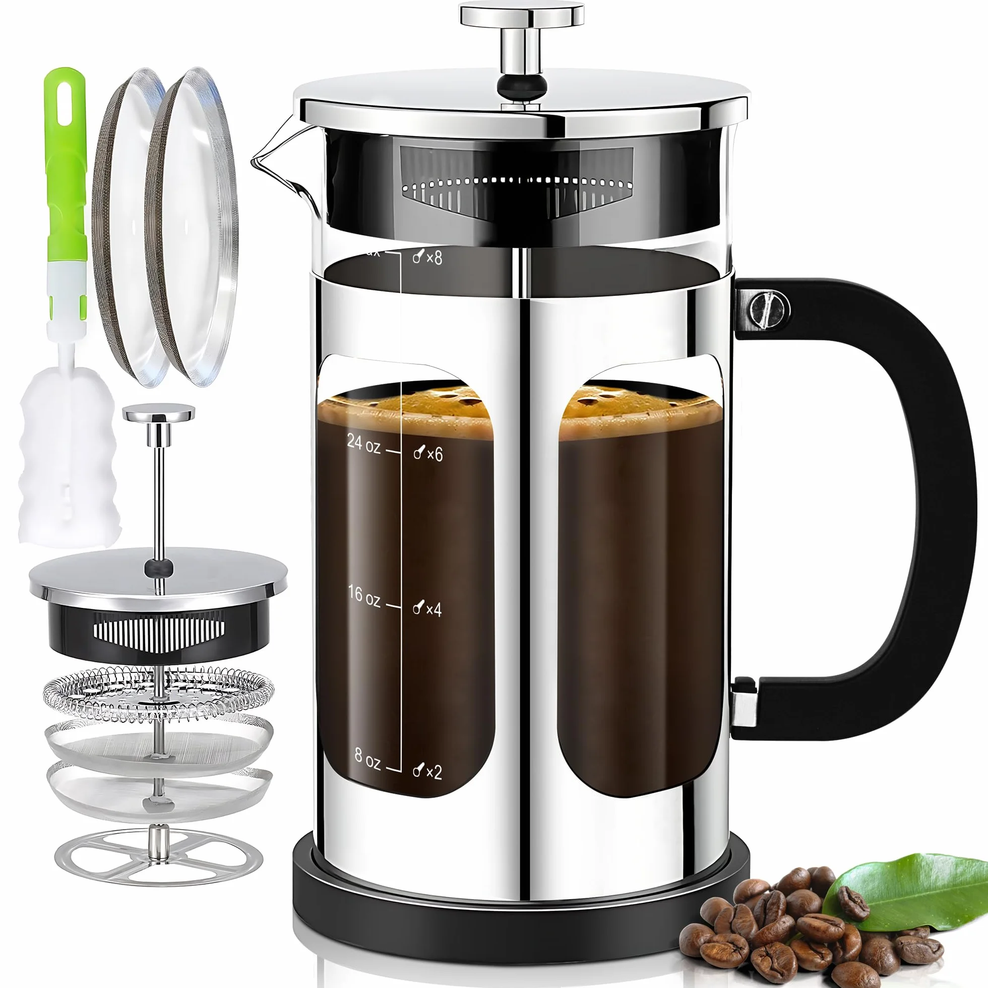 YMMIND Cafetera de prensa francesa (34 onzas, 1 cuarto de galón, 5-6 tazas), con sistema de 4 filtros, vidrio de borosilicato de grosor resistente al calor, taza de café en frío, regalos (plateado)