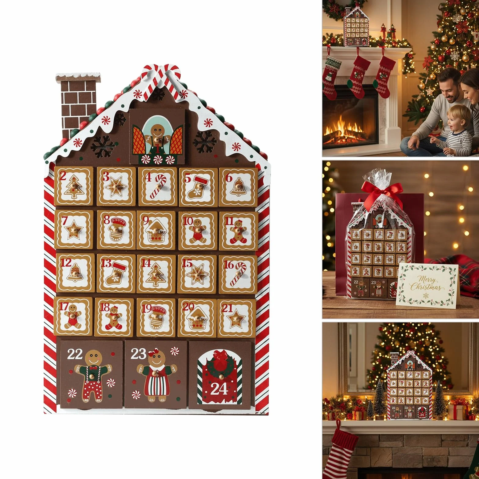 Calendario de Navidad de madera con 24 cajones numerados para guardar dulces, chocolates, joyas, regalos, decoración de vacaciones, calendario de adviento grande con cajones