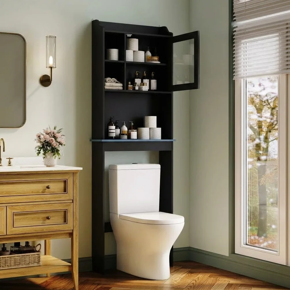 Garvee Mueble de Baño Independiente sobre el Inodoro con Estantes Ajustables, Puertas de Vidrio Templado, Estante de Baño de MDF Que Ahorra Espacio, Mueble de Baño Moderno Resistente al Agua,Negro