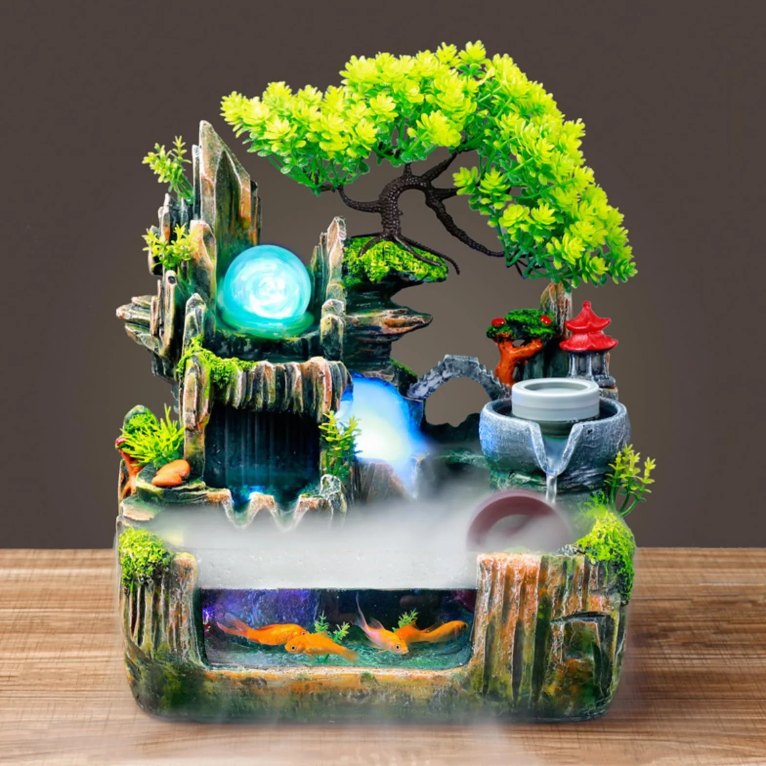 Fuente de habitación, cascada, fuente de mesa con iluminación LED y niebla, fuente de habitación pequeña con plantas, para la colocación en el salón o la oficina