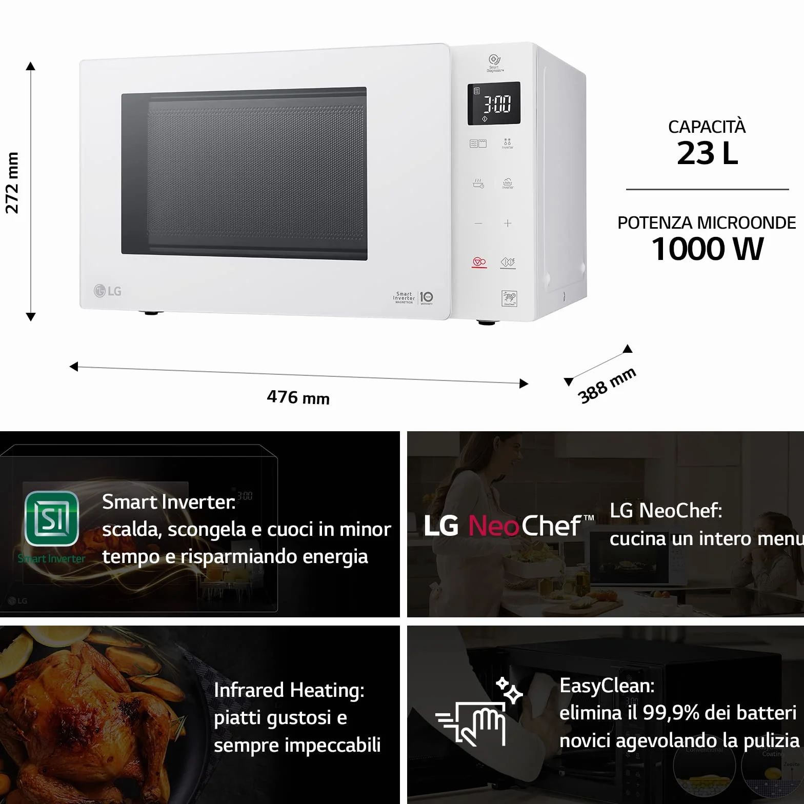 LG MH6336GIH Microondas Encimera Combinado 23L 1150W Blanco 272x476x388mm