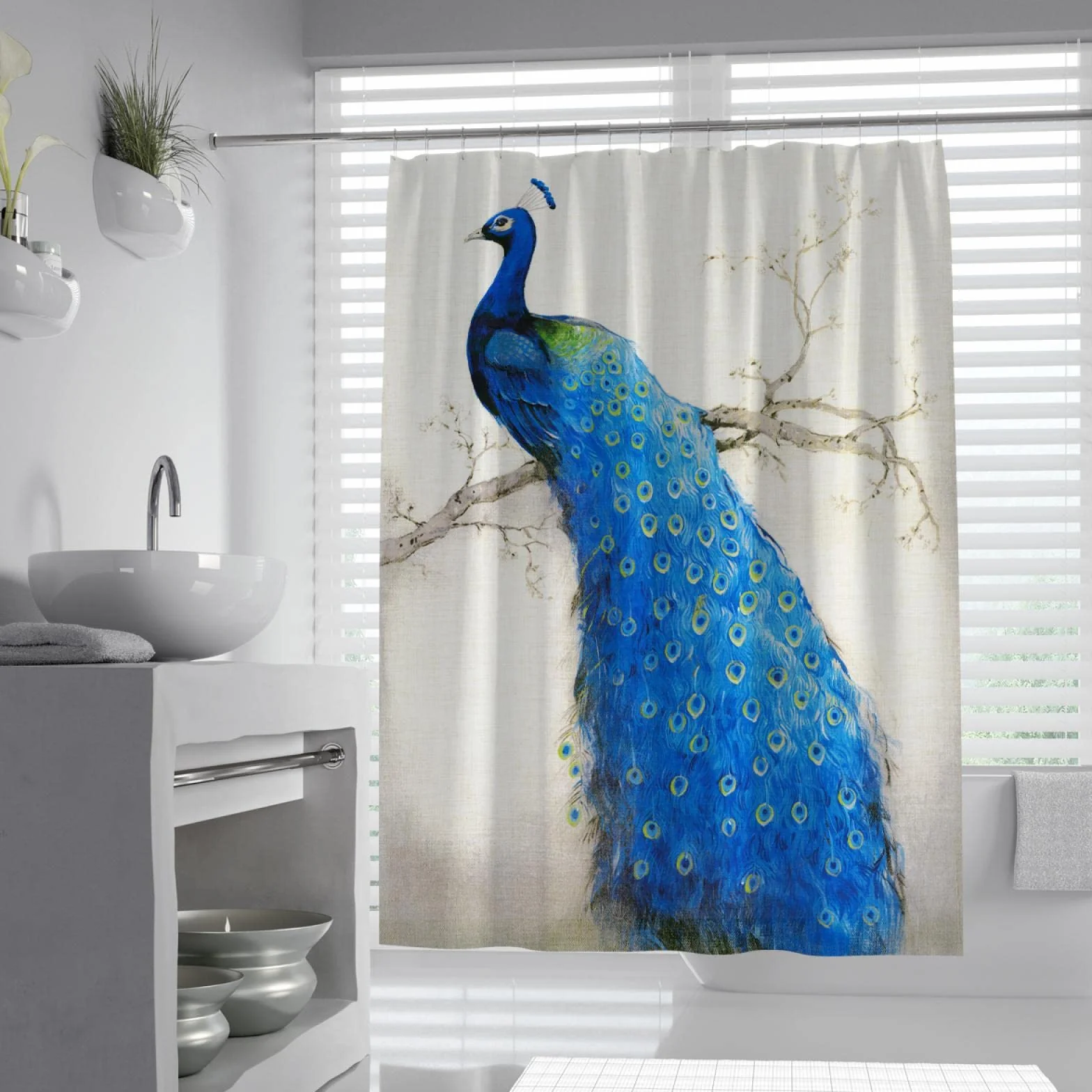 Cortina de Ducha de Pavo Real Azul Decoración de Cortina de baño Familiar Tela Impermeable Cortina de baño húmeda y Seca separada con Ganchos W220xL200cm