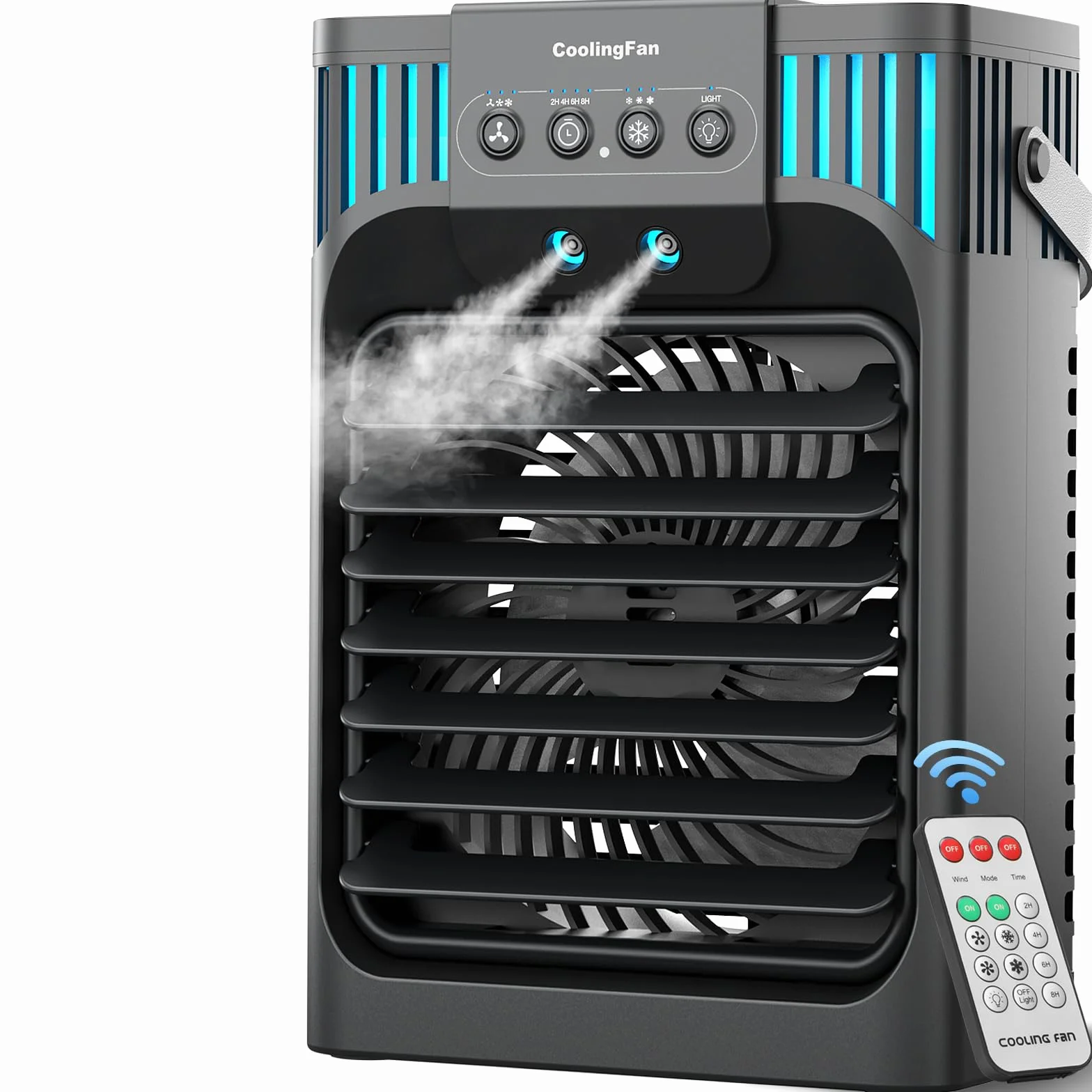 Aire acondicionado portátil con mando a distancia, silencioso con 3 velocidades, ventilador de refrigeración de 1200 ml, ventilador de aire personal con 3 nieblas, 7 luces nocturnas, temporizador de 8