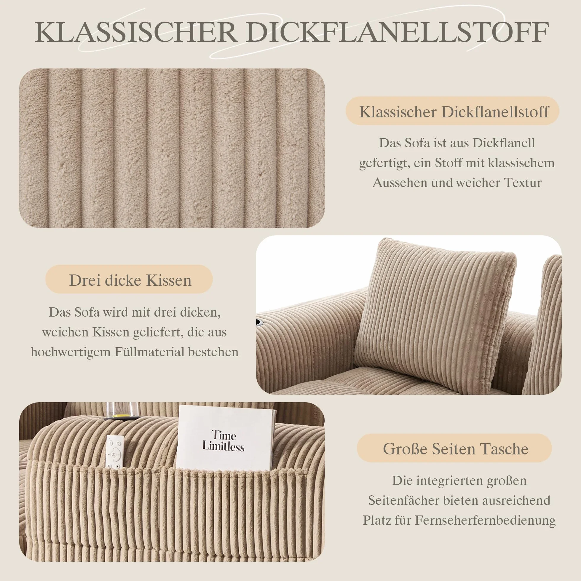 Soweiz Sofá compacto de pana – Sofá modular suave con bolsillo lateral y soporte para bebidas, comodidad para sentarse durante mucho tiempo, incluye 3 almohadas. Para salón, estudio y más (caqui)