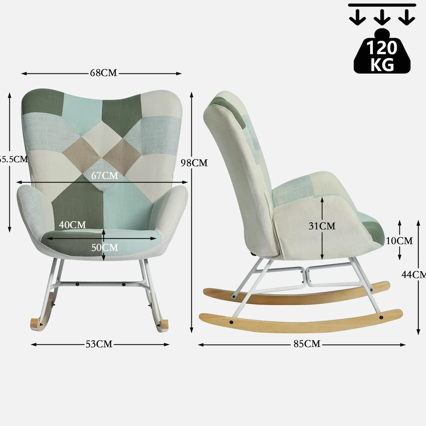 MEUBLE Cosy Sillón Relax, Mecedora Cómoda, Silla Balancín de Tela Patchwork con Patas de Madera y Metal para Salón, Adorno de Botones