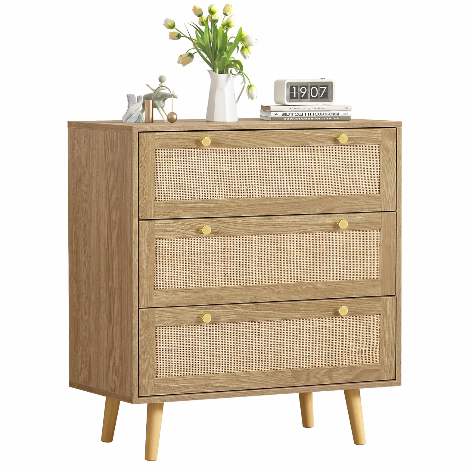 Cómoda con 3 Cajones Cómoda Dormitorio Estrecha con Frontales de Ratán y Patas Elevadas Cajonera para Salón Oficina 80x40x92cm Natural