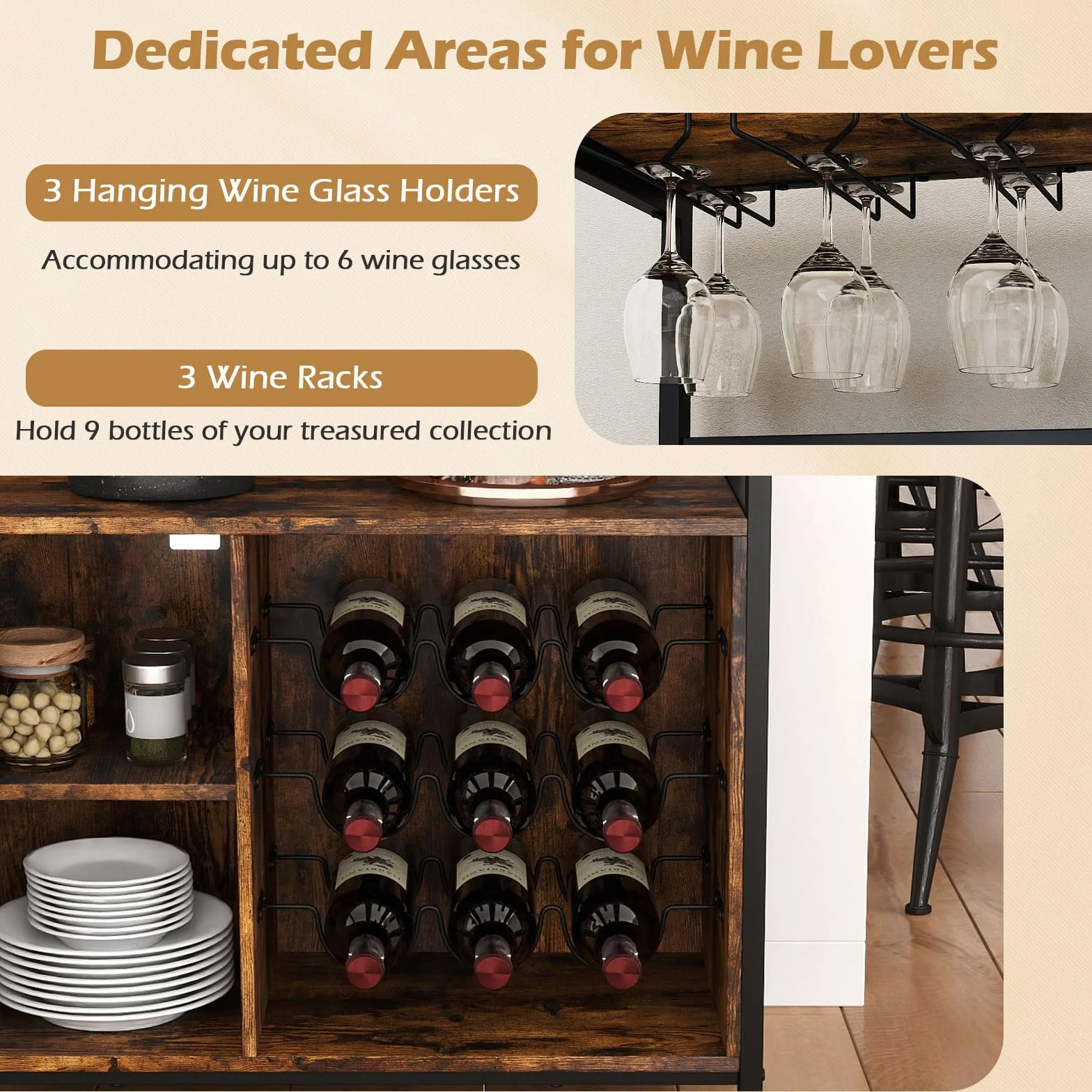 GIANTEX Mueble Organizador de Bar con Estantes para 9 Botellas y 3 Portavasos, Armario para Vino con Puerta de Rejillas, Kit Antivuelco, 75 x 34 x 90,5 cm, Aparador para Cocina, Comedor