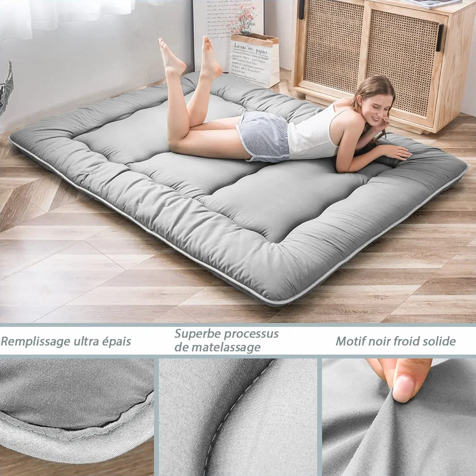 Colchón de suelo japonés, futón, tatami grueso, plegable y enrollable para dormitorio (gris, matrimonial)