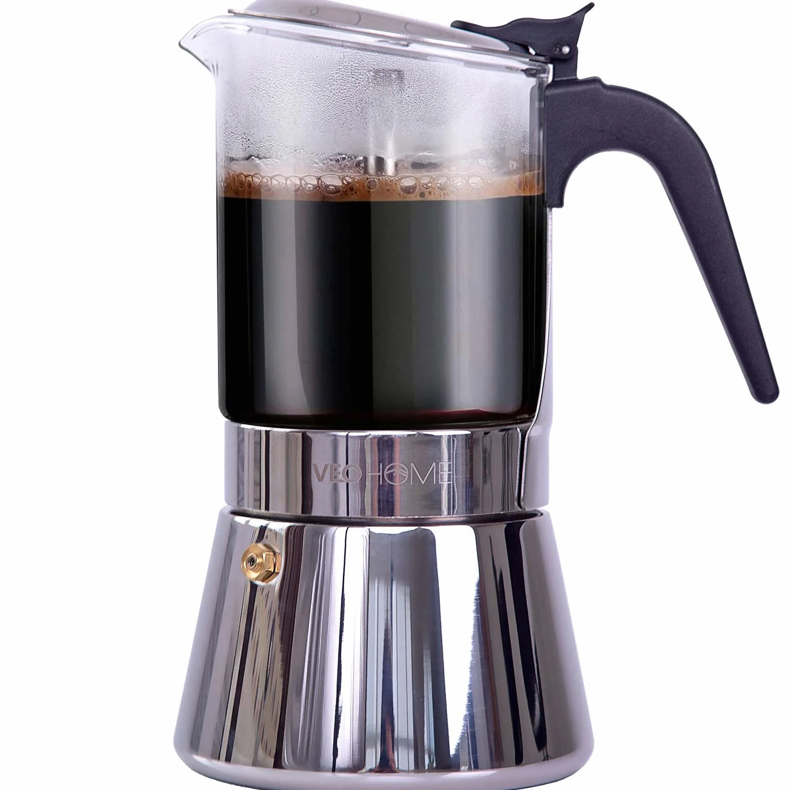 VeoHome Cafetera Italiana Transparente de Vidrio y Acero Inoxidable – 6 Tazas/360ml – Cocina Inducción, Vitrocerámica y Gas – Cafetera Moka Resistente y Apta para Lavavajillas