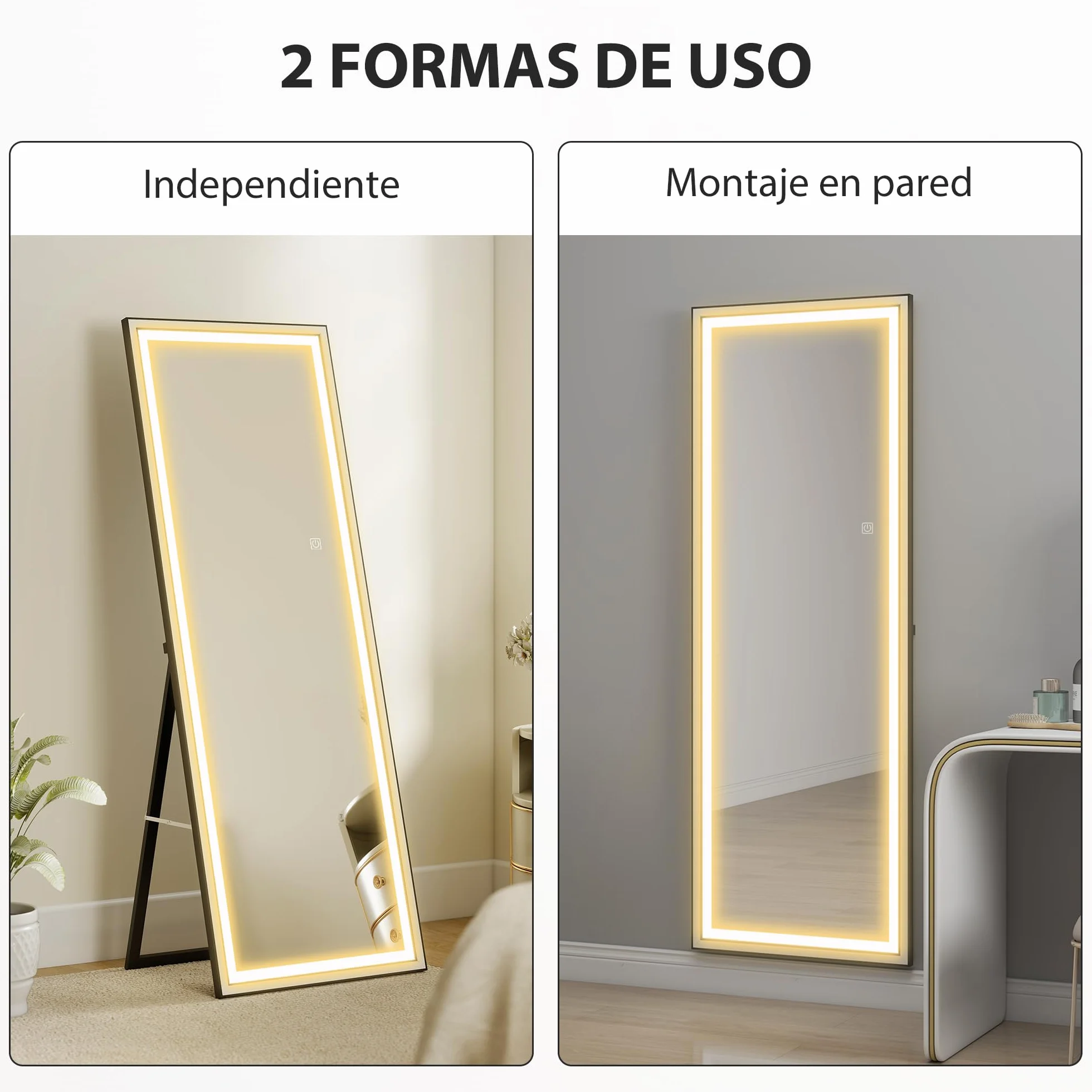 HOMCOM Espejo de Pie Cuerpo Entero con Luces, 165x60 cm, Espejo de Cuerpo Entero, 3 Temperaturas de Color, Brillo Ajustable, Independiente, Apoyado y de Pared, para Dormitorio, Salón, Blanco y Negro