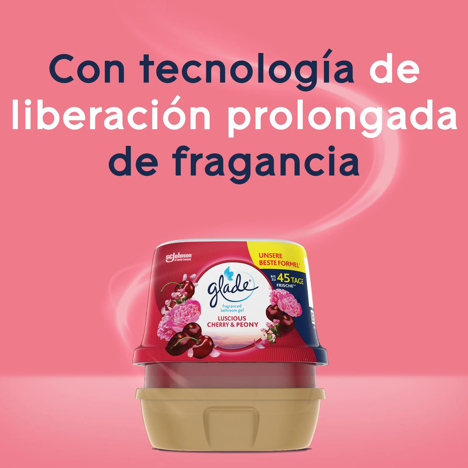 Glade Ambientador Gel de Baño Absorbeolores Luscious Cherry & Peony, 45 Días, 1 Gel