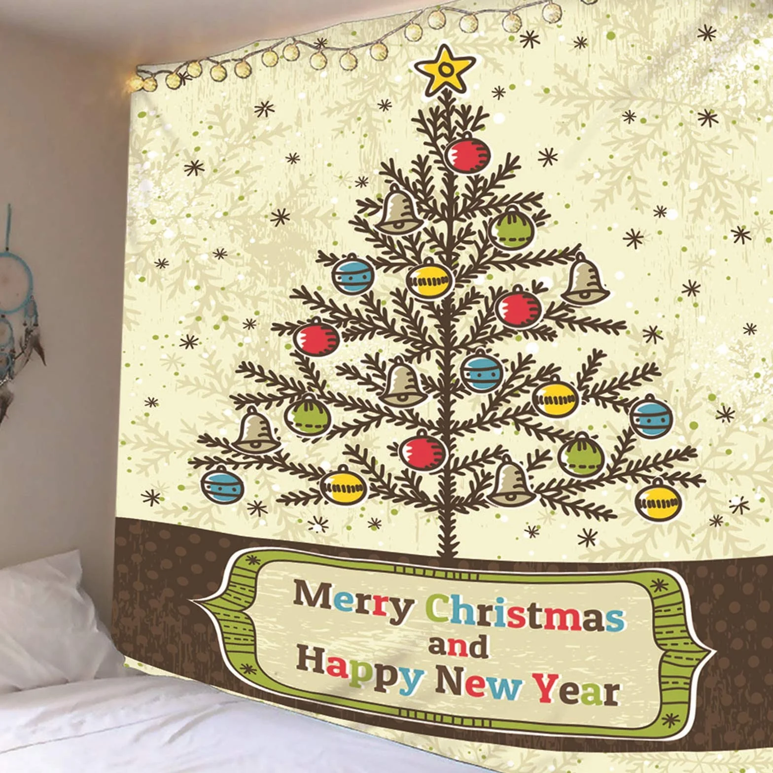 Tapiz Liso Pared, Decoracion Navidad Ventana Árbol de Navidad, Y, Campana, Copo de Nieve Beige Marrón Verde Poliéster Tapiz Pared Decoration 350X256cm