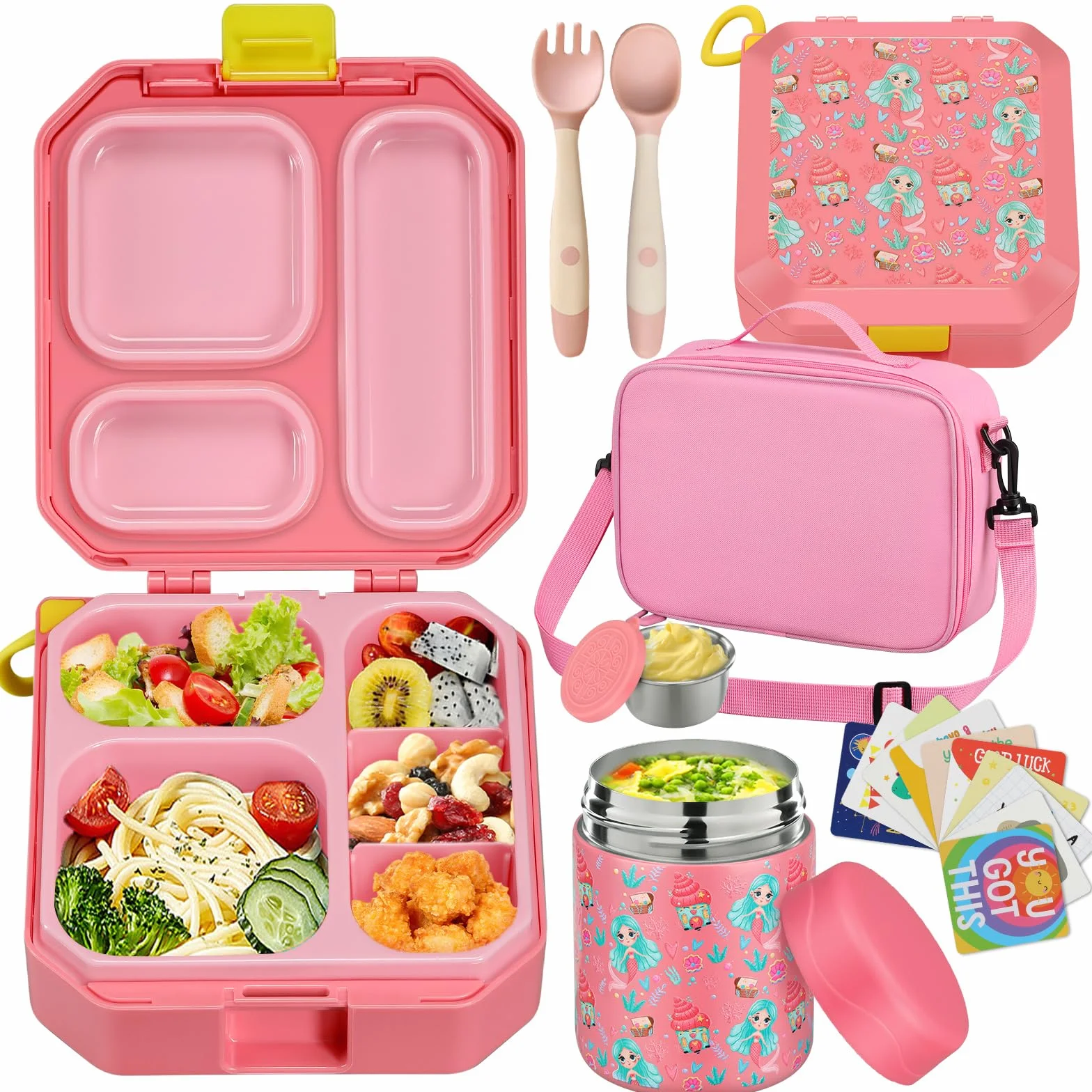 wiwens Juego de lonchera Bento para niños con recipiente térmico de sopa de 12 onzas a prueba de fugas con 5 compartimentos, tarro térmico de comida caliente y bolsa de almuerzo aislada para niños