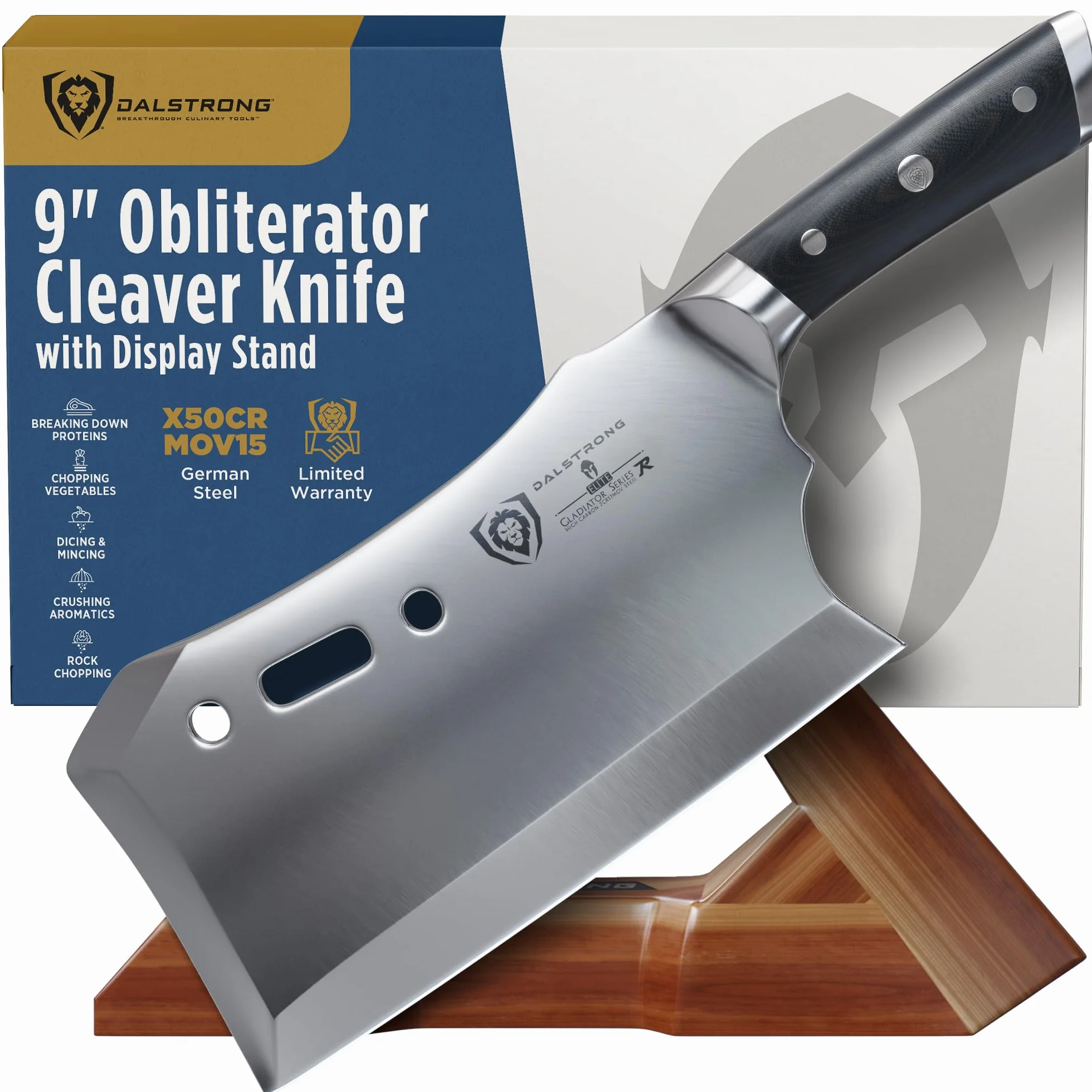 Dalstrong Obliterator Meat Cleaver - 9" - Gladiator Series R - Stand and Sheath Included - Razor Sharp Massive Heavy Duty - 3lbs - 6mm Thickness - 7CR17MOV High Carbon Steel - NSF Certified
