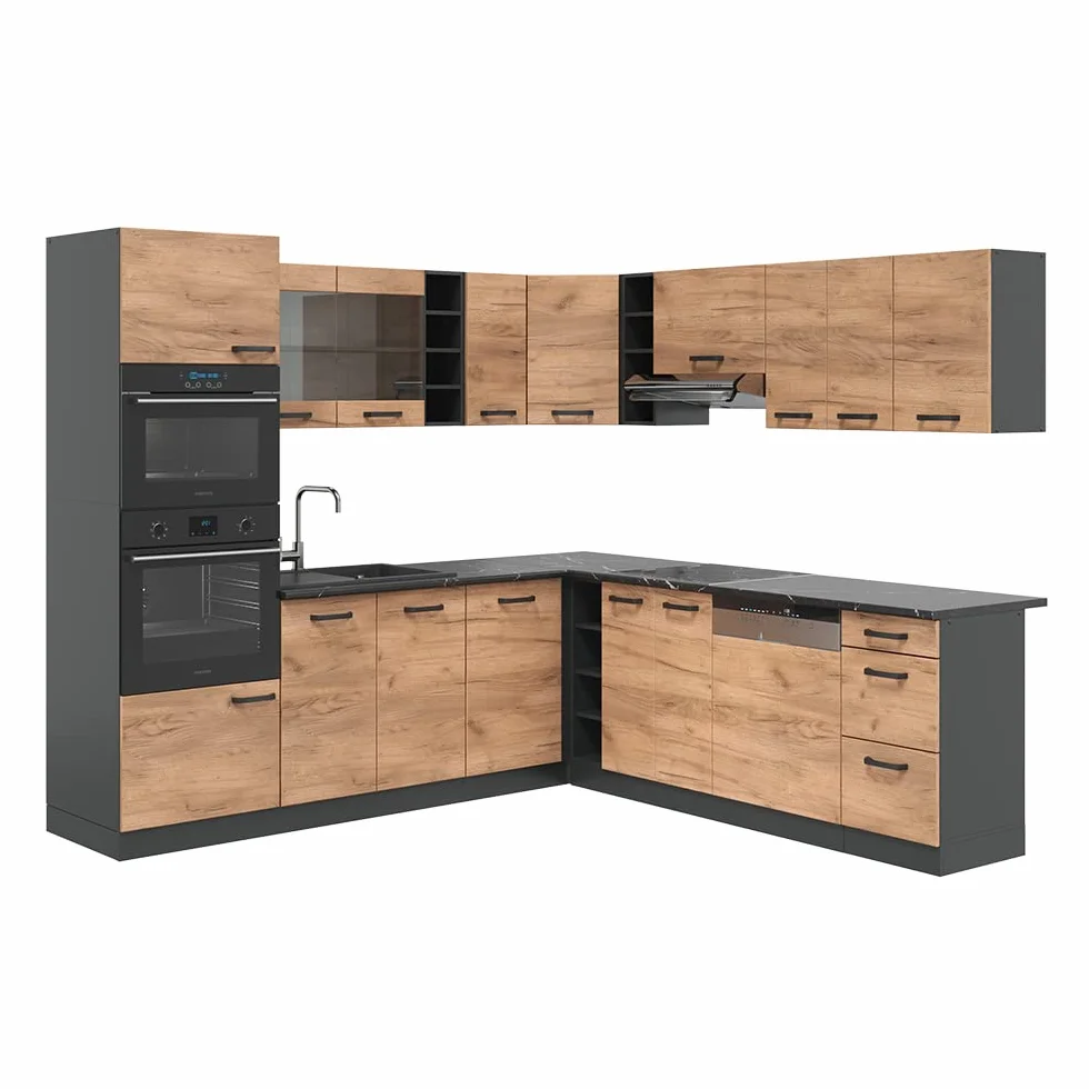 Vicco Cocina esquinera R-Line, Oro Power Roble/Antracita/Antracita, Sin encimeras