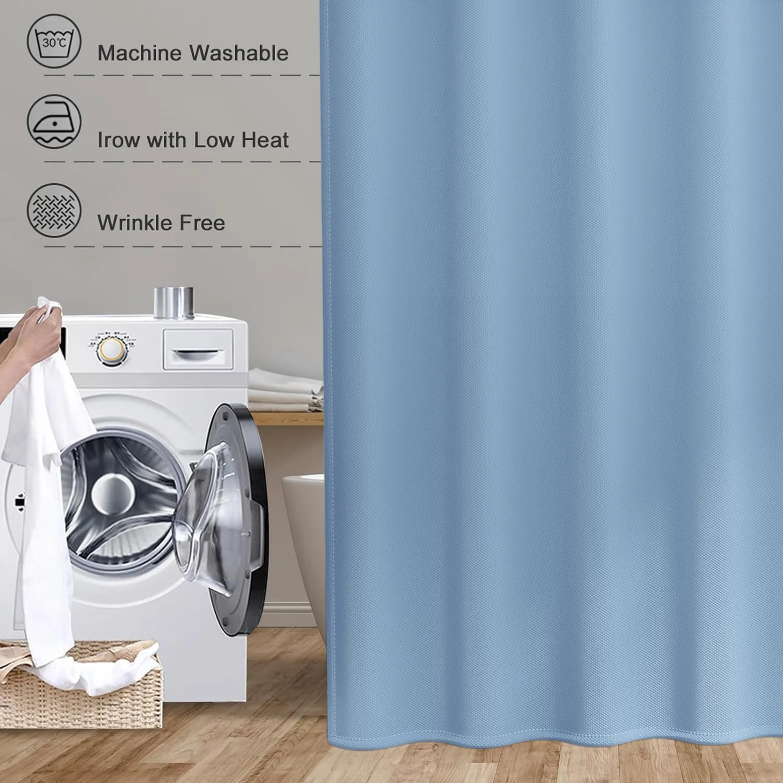 Cortina de Ducha de Tela 260 x 190 cm Cortina de Ducha Resistente Al Moho - Antimoho, Impermeable, Lavable, de Poliéster con Ojales y Anillos, para Baño, Bañera, Azul Claro