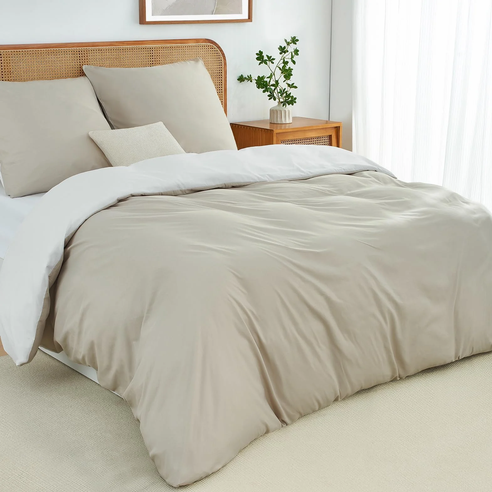 Funda Nórdica Cama 90 Beige/Blanco,Súper Suave Diseño Doble Cara A/B con Cremallera, Certificación Oeko-Tex 1 Funda de Edredón 135x200 + 2 Fundas de Almohada 80x80 cm