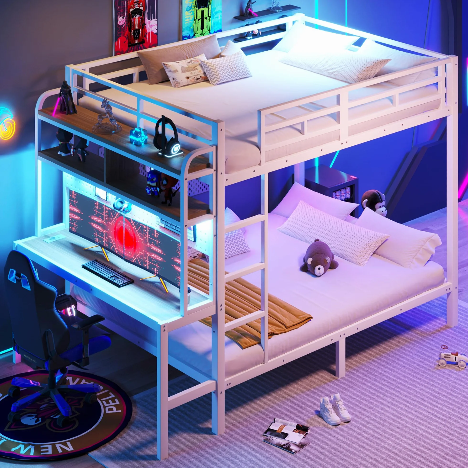 Litera de metal de 140 x 200 cm, con tira de luz LED y conector USB, escritorio, barandilla de seguridad, escalera, marco de hierro, cama alta para niños y jóvenes, sin colchón