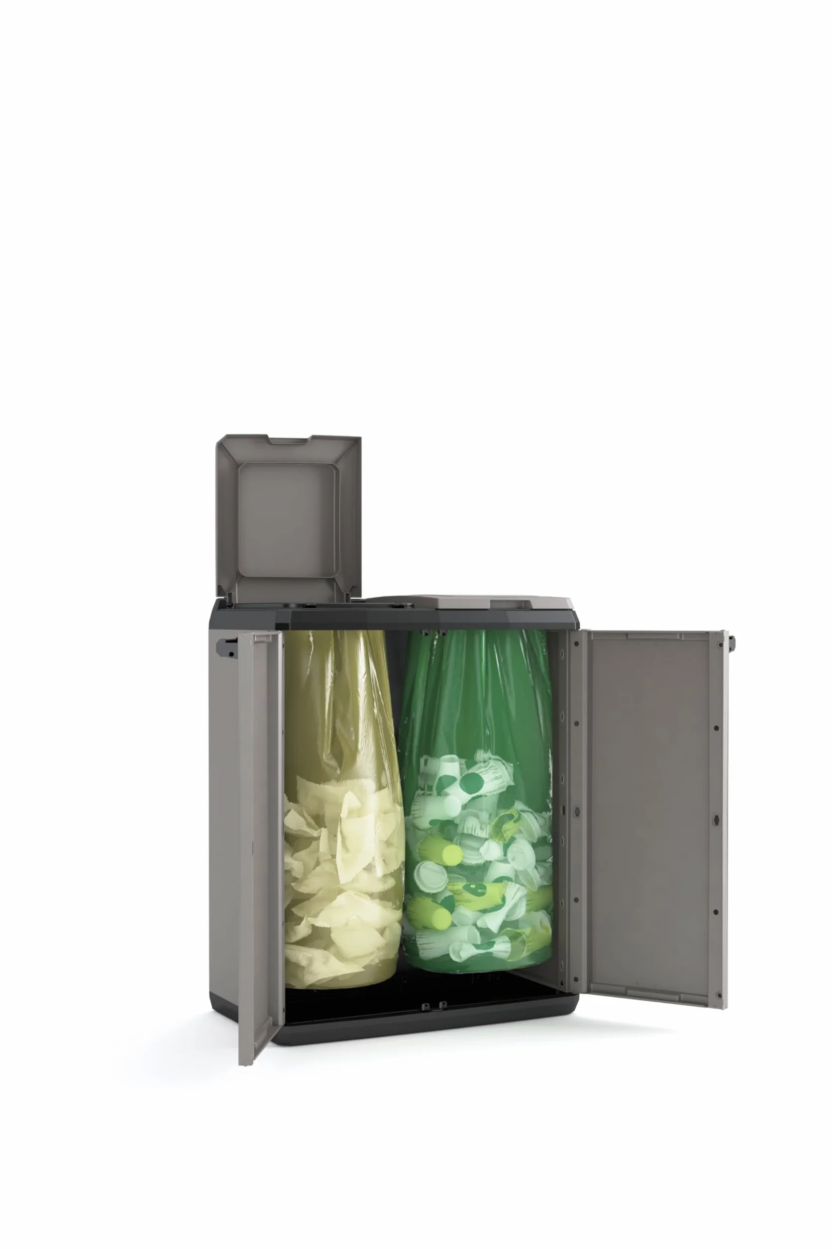 Keter Armario Split Reciclaje|Contenedor con tapa para la recogida diferenciada|Resina|2 puertas y capacidad 2 bolsas|Colo Gris| 68 x 39 x 85 cm