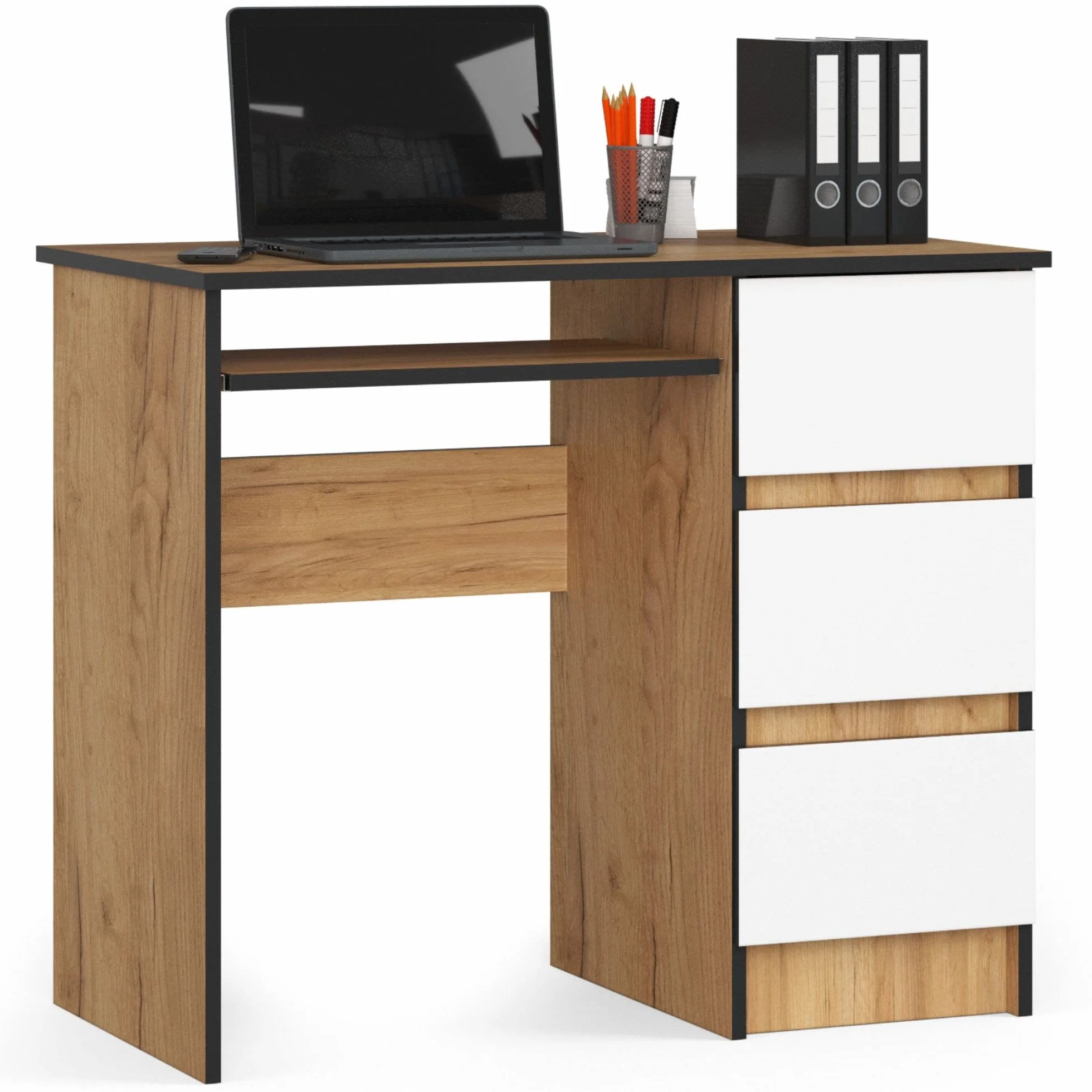 AKORD - Escritorio de ordenador A-6 con tablet teclado | 90 x 77 x 50 cm 30 kg | 3 cajones | Escritorio pequeño PC Mesa | Roble Artisanal/Blanco