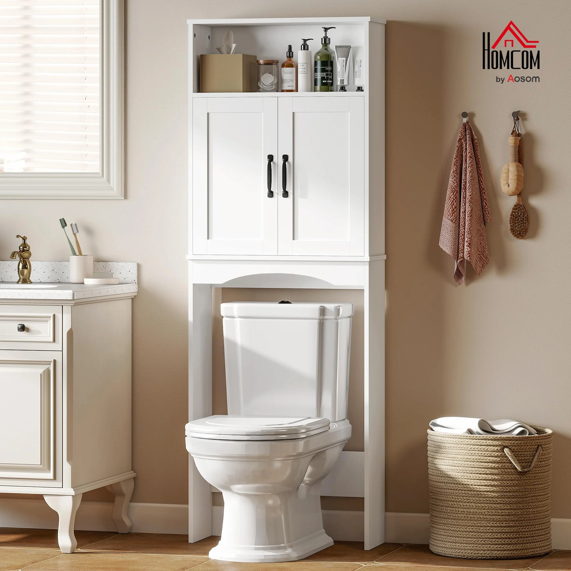 HOMCOM Mueble sobre Inodoro, Armario sobre Inodoro, Mueble de Baño con 2 Puertas de Cierre Silencioso, Estante Abierto para Lavanderías, Espacios Pequeños, 64x21x173,5 cm, Blanco