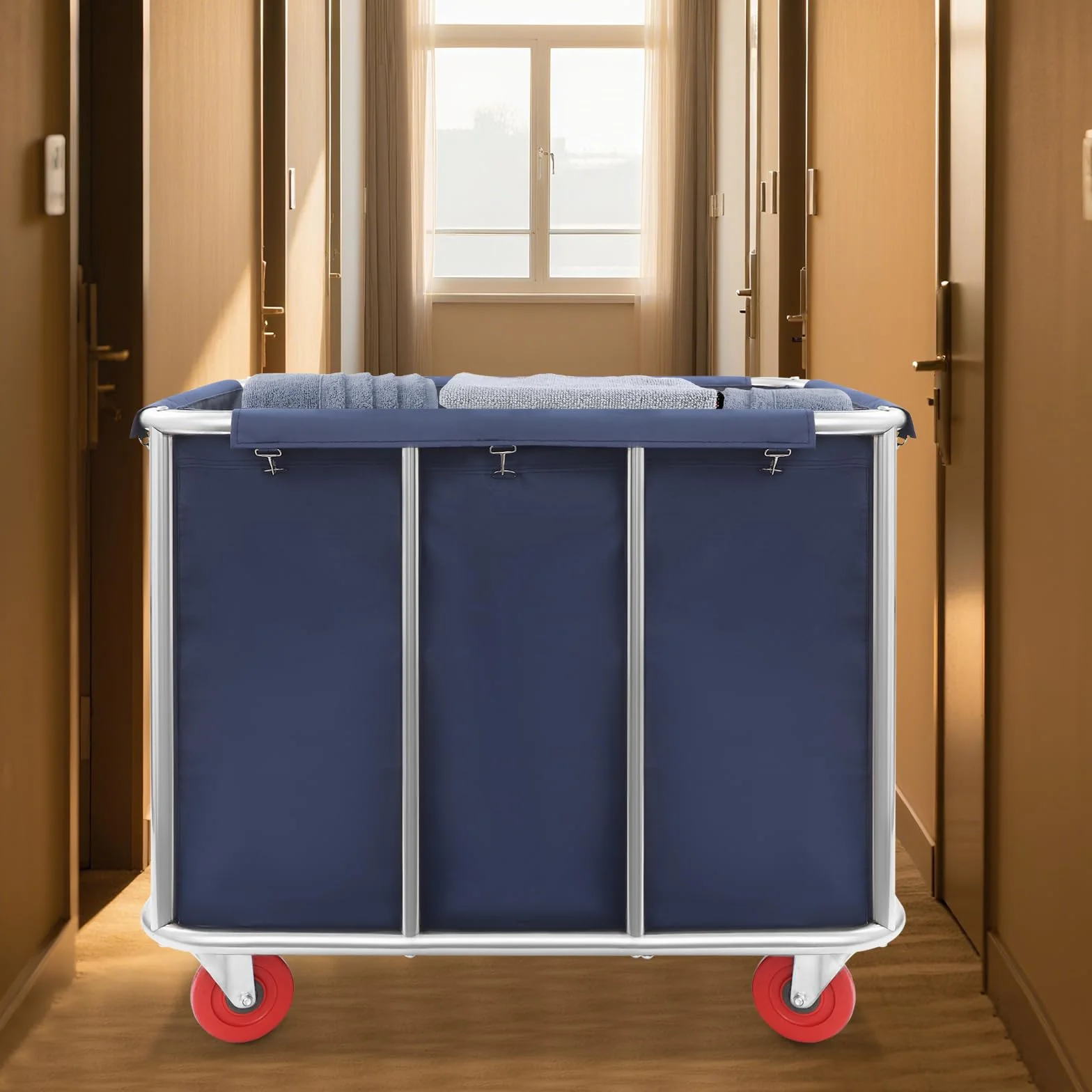 Carro de lavandería comercial de acero inoxidable con ruedas, capacidad de carga de hasta 199 kg, con cubierta Oxford recubierta de PVC, para hotel, hospital, hogar (90 x 65 x 80 cm), color