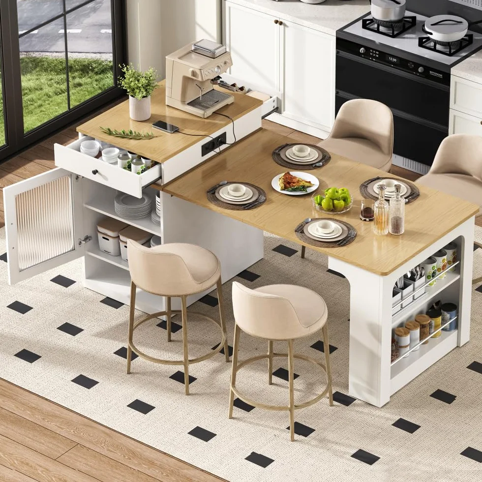Mueble isla de cocina 71(151) x80x92 cm, mesa de comedor extensible con tablero extraíble, mesa de bar con enchufe múltiple, isla cocina sobre ruedas para comedor (A-blanco + natural)