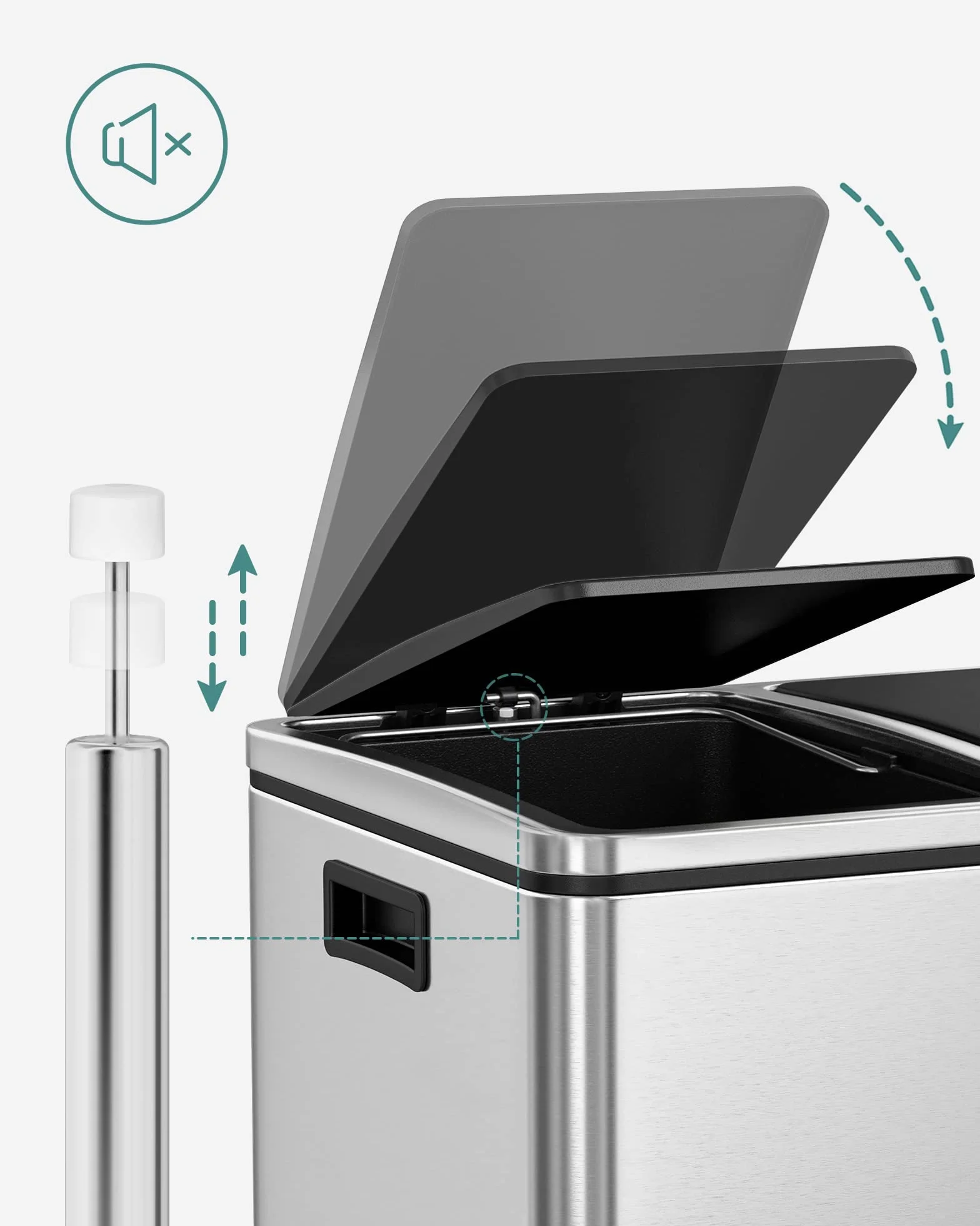 SONGMICS Cubo de basura, sistema de separación de residuos con 2 compartimentos, cubo de basura para cocina, 2 x 24 L, cierre suave, con pedales y asas, color plateado LTB48NL