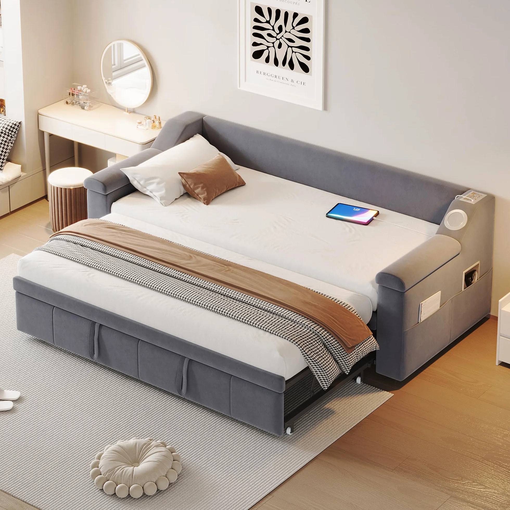 Cama acolchada, sofá cama, reposabrazos anchos y gruesos, con sistema estéreo Bluetooth inteligente, con puerto de carga USB, con compartimentos de almacenamiento, con somier, tela de