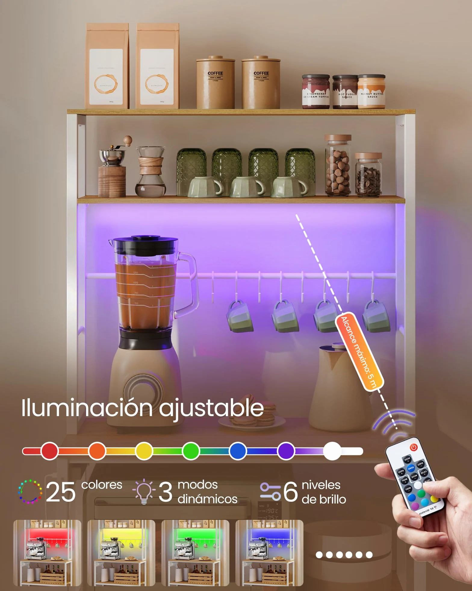VASAGLE Estantería de Cocina con LED, para Microondas con Regleta, Estantes Ajustables, 8 Ganchos, 40 x 80 x 168,4 cm, Roble Dorado y Blanco Mate KKS050YA01