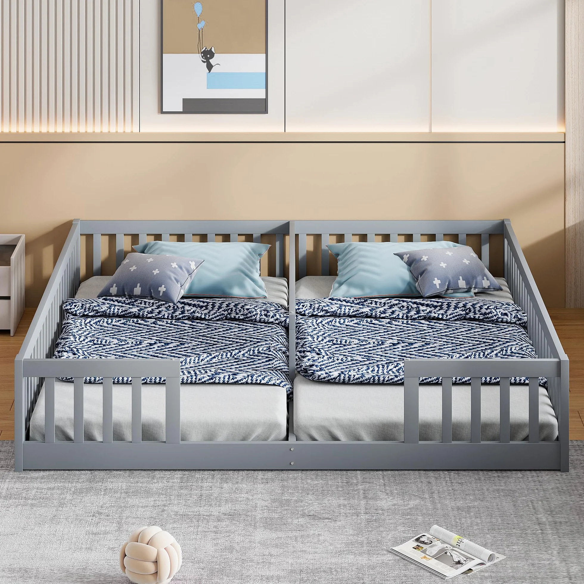 Cama tapizada, 90 x 200 cm, cama infantil con barandilla, con somier (sin colchón), para familias con dos hijos, madera de pino, estilo minimalista (gris)