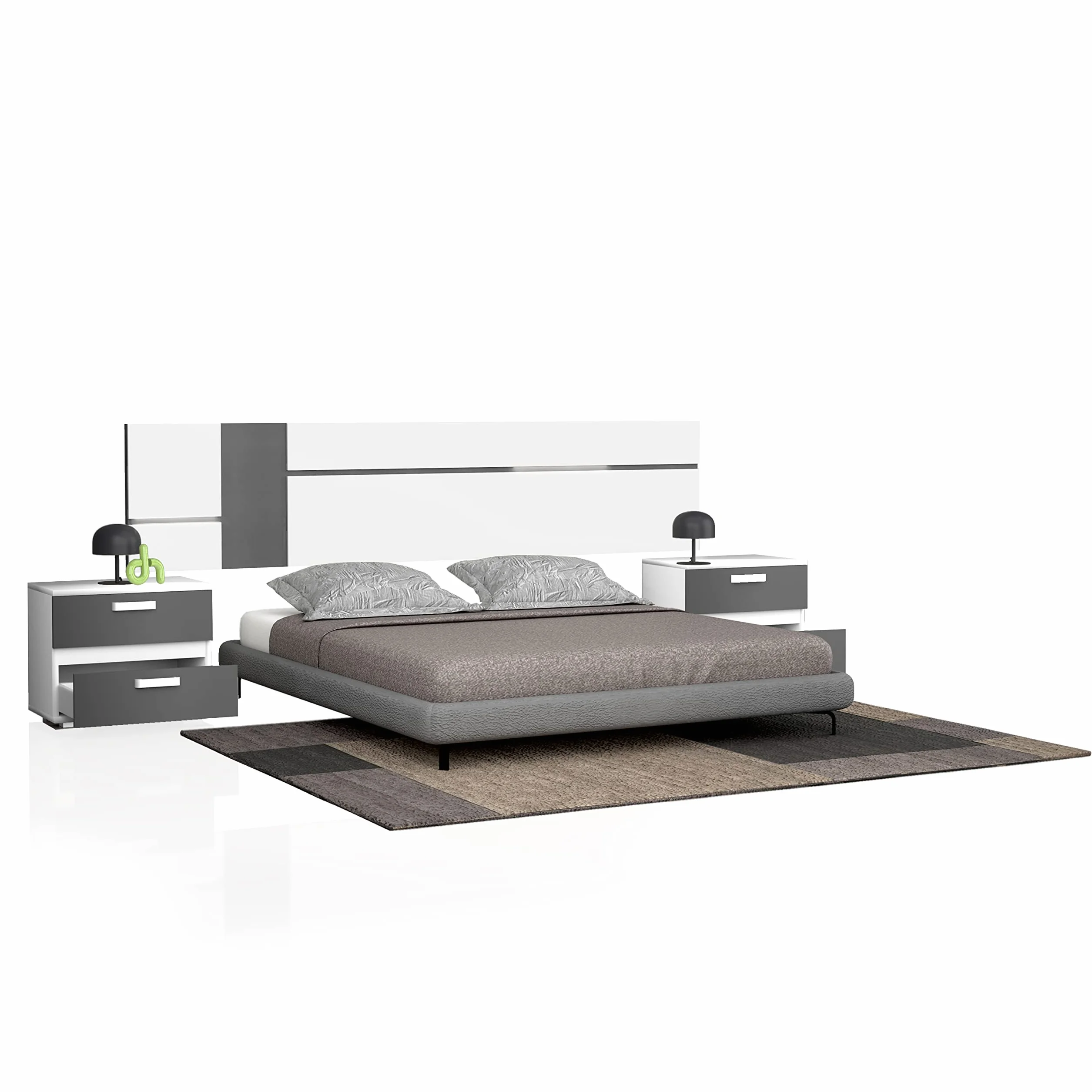duehome | Pack Cabecero con Leds y 2 Mesitas de Noche, Dormitorio Doble, Dormitorio Completo, Modelo Ataneq Air, Acabado en Blanco y Grafito