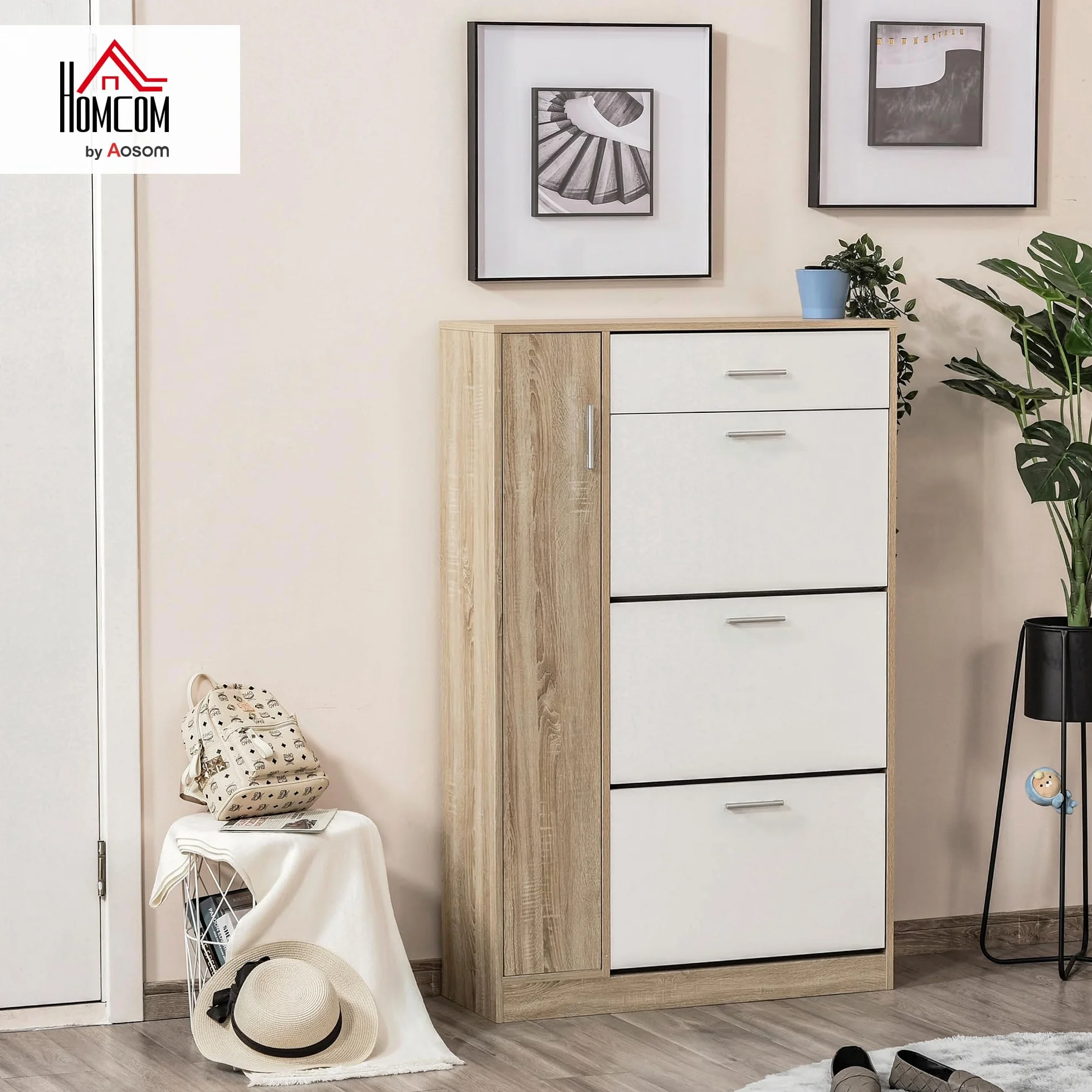 HOMCOM Mueble Zapatero de 3 Puertas para 18-27 Pares de Zapatos Zapatero Moderno con Cajón y Puerta para Salón Entrada Dormitorio 84x30x132 cm Natural