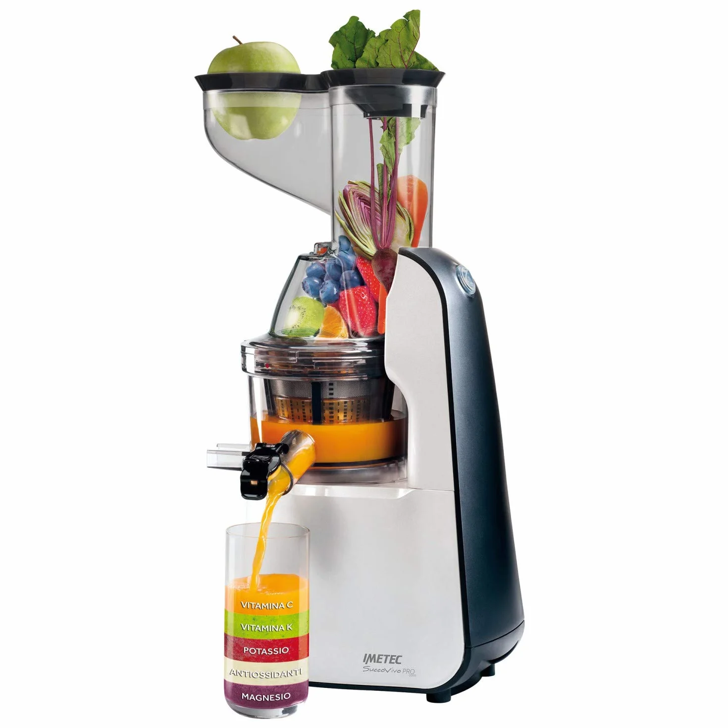 Imetec Succovivo Pro 2000 - Licuadora de prensado en frío, Extractor de Zumo, Extracción Lenta 48 RPM, 2 filtros de jugo, Accesorio para Granizados y Sorbetes, Kit para Máscaras de Belleza