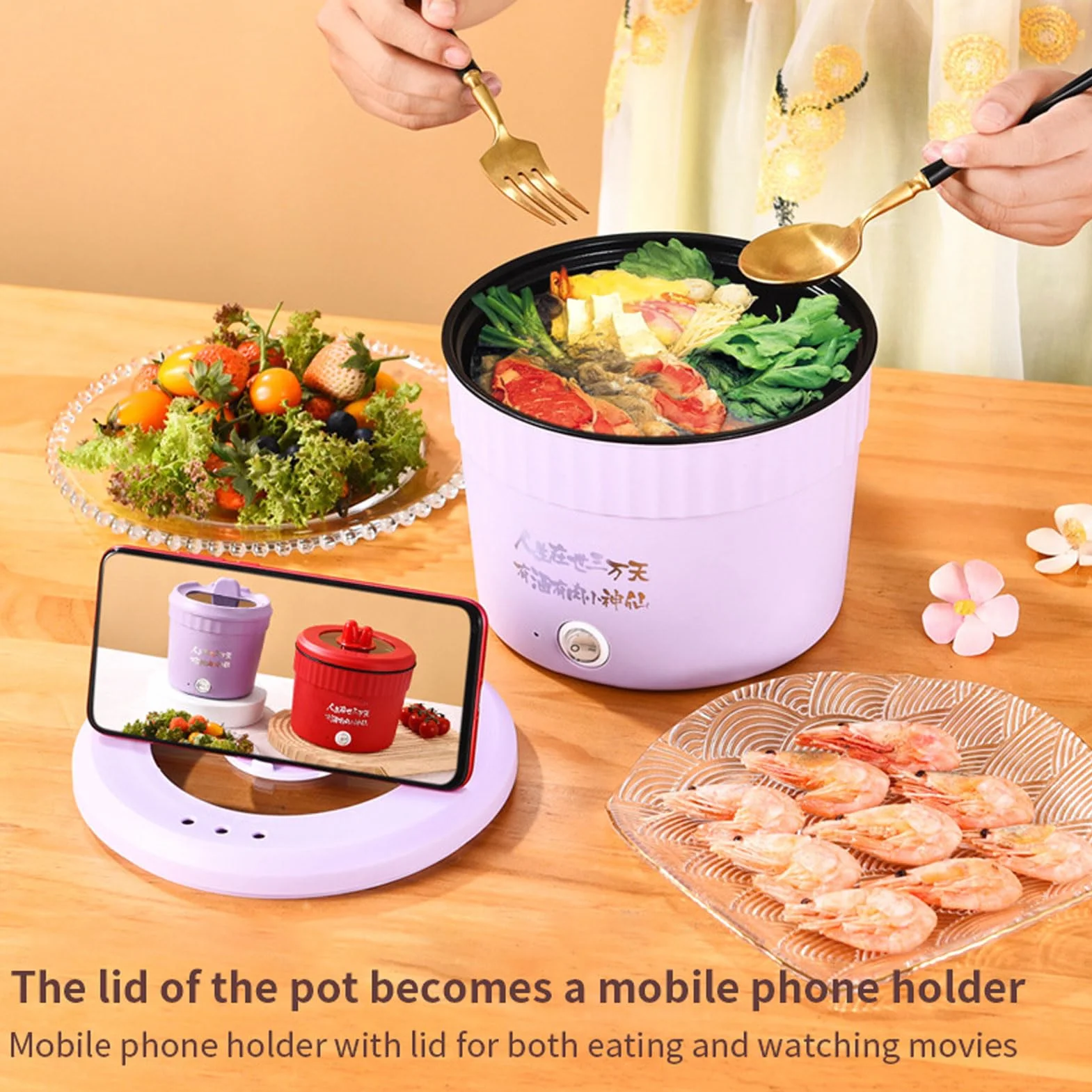 CREAMOON XDG159 Cocina Eléctrica Mini 1.2L Sartén Múltiple con Tapa y Soporte para Teléfono Portátil Morado