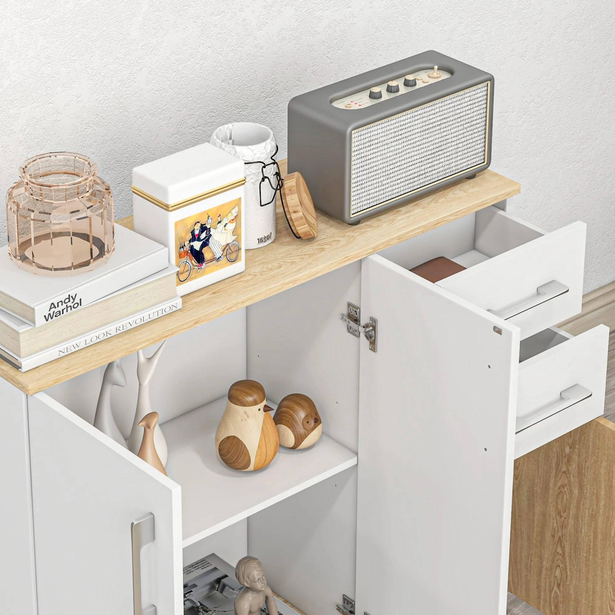 HOMCOM Aparador de Salón Moderno con 2 Cajones y 2 Armarios 90x30x75,5 cm Blanco y Natural