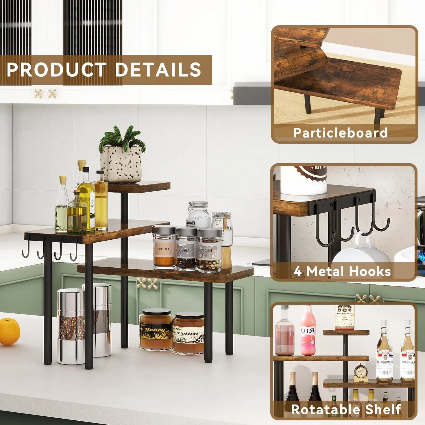 IBUYKE Estantería esquinera para Cocina, Estante para Especias de 3 niveles,4 ganchos,organizador de almacenamiento de especias,Estante de Pie,para baño, mostrador,armario,marrón rústico,TLJ023H