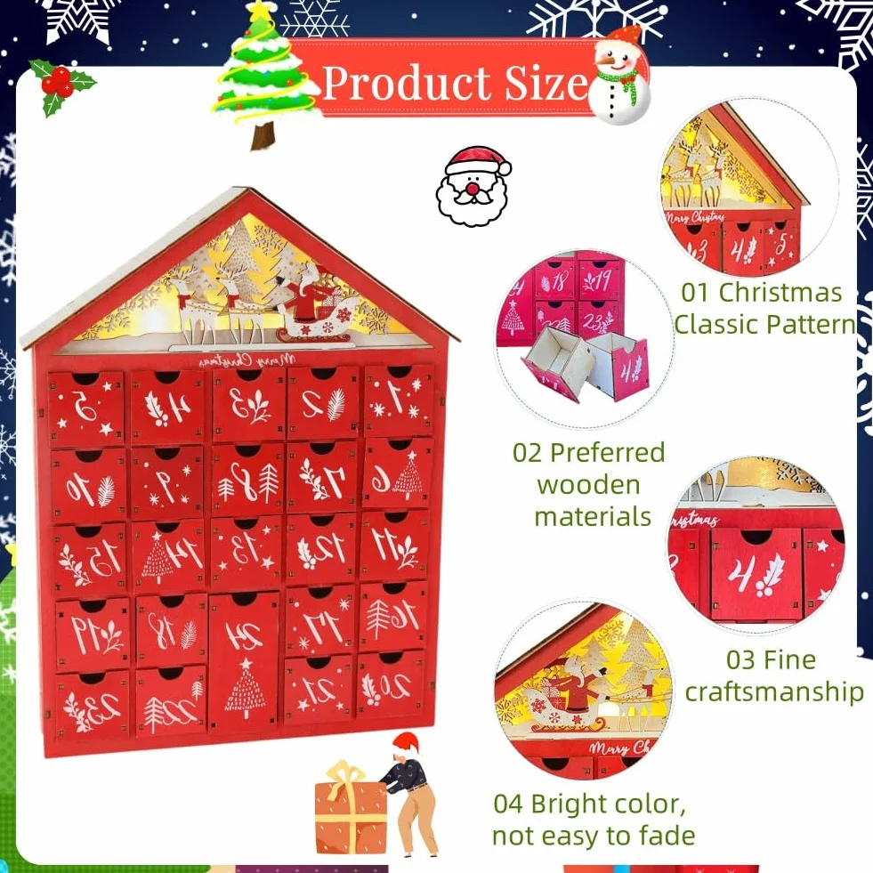 Calendario de Adviento LED de Navidad con 24 cajones de almacenamiento, calendario de Adviento de madera decorado con casa de árbol de Navidad, calendario de cuenta regresiva de Navidad reutilizable,
