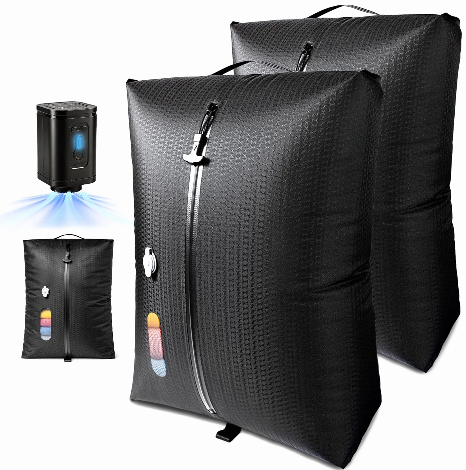 Bolsa Vacio Ropa Viaje Con Bomba Inalámbrica, Reutilizable Bolsa Compresion, Doble capa bolsas vacio, Bolsas de vacio para ropa viaje impermeabilidad IP67 Tamaño equipaje de cabina (2 pieza + bomba)