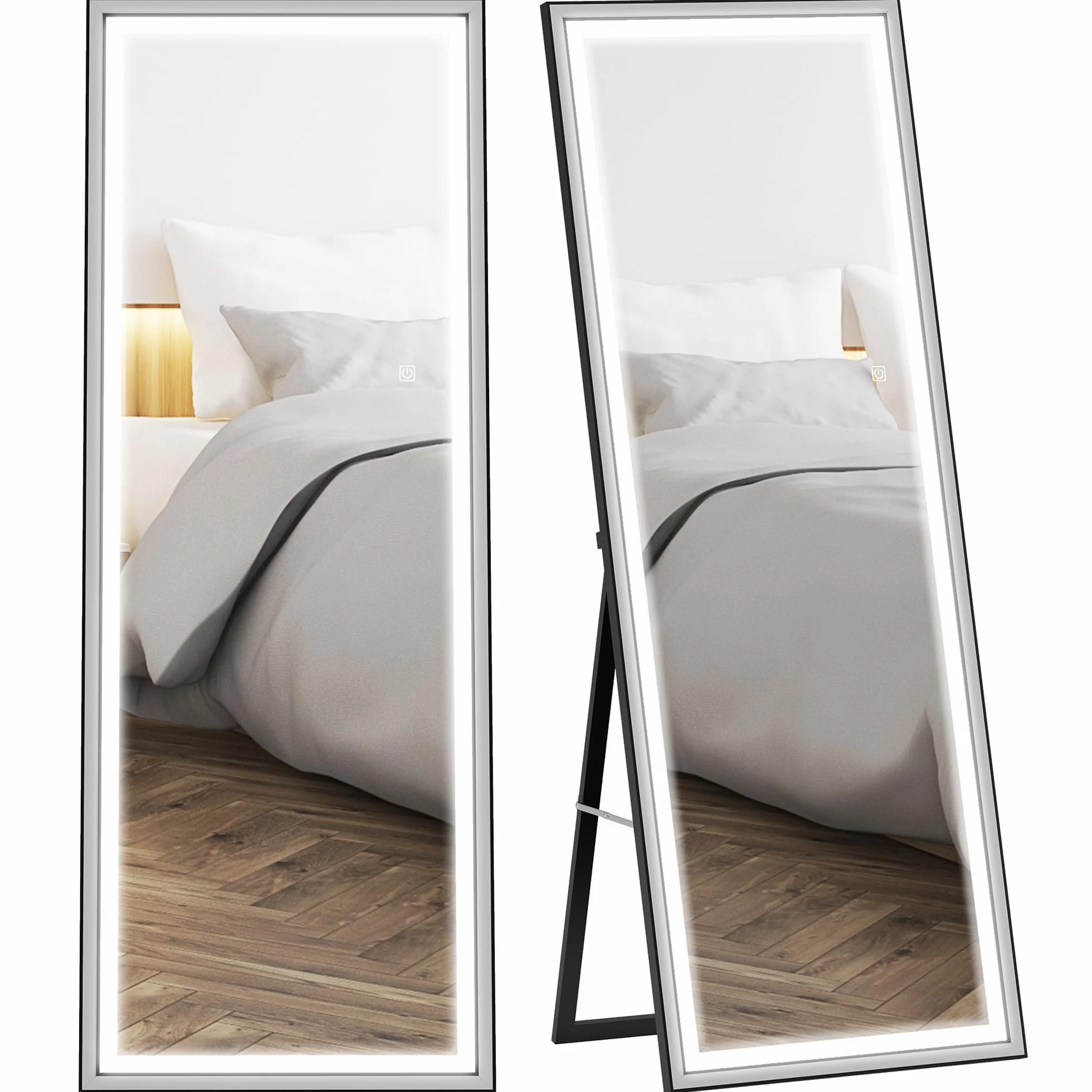 HOMCOM Espejo de Pie Cuerpo Entero con Luces, 165x60 cm, Espejo de Cuerpo Entero, 3 Temperaturas de Color, Brillo Ajustable, Independiente, Apoyado y de Pared, para Dormitorio, Salón, Blanco y Negro