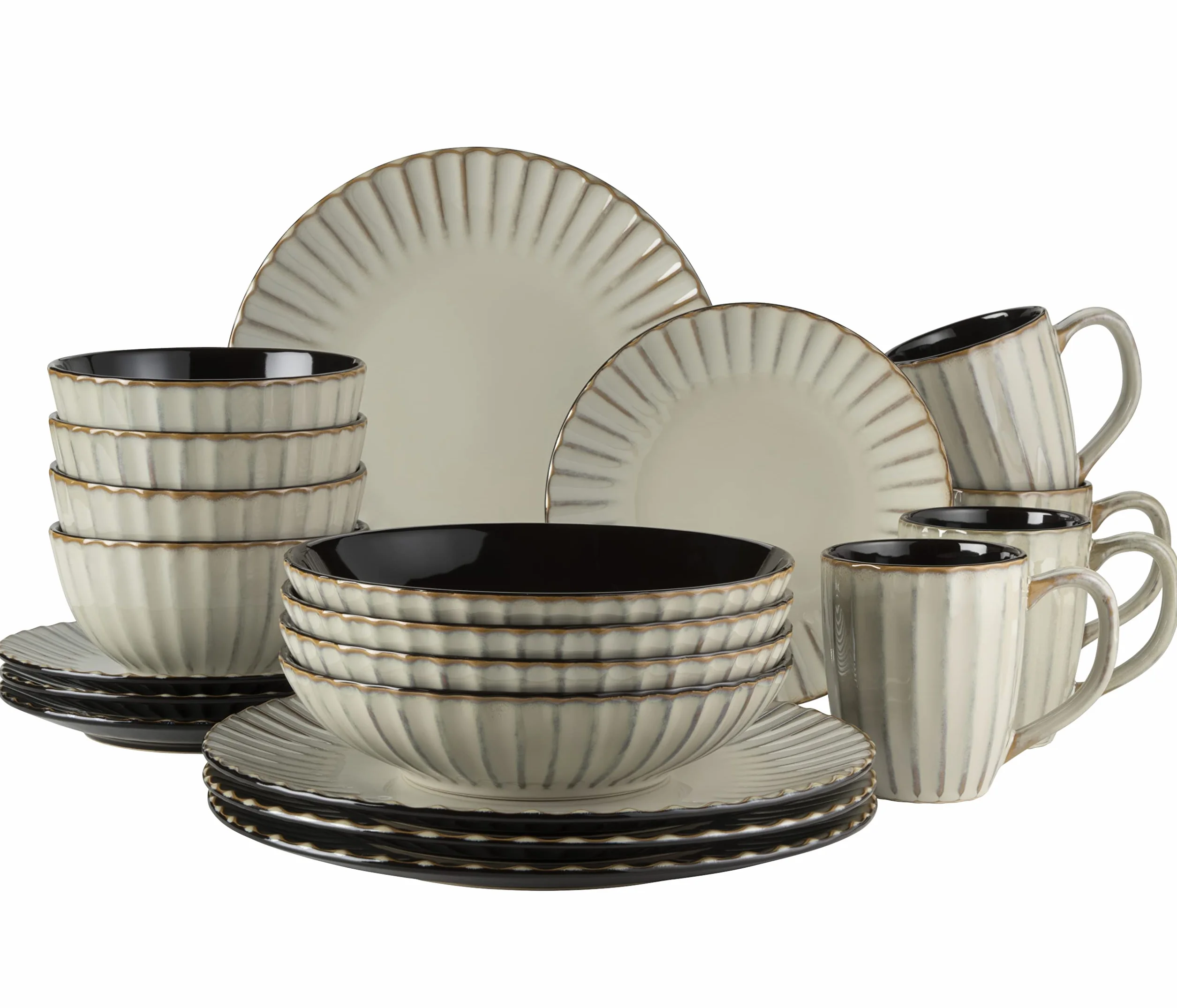 MÄSER 931963 Serie Confino - Vajilla para 4 personas (20 piezas, cerámica en color beige con detalles negros, gres)