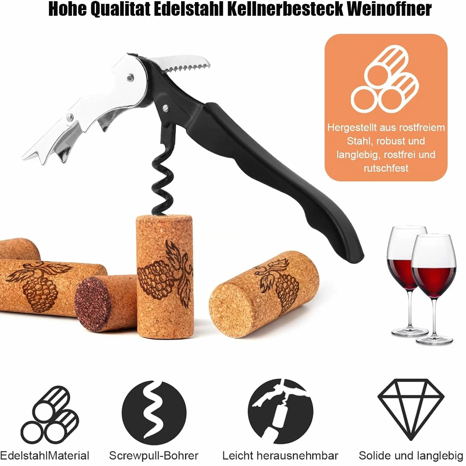 Sacacorchos de acero inoxidable 3 en 1, abridor de vino y cerveza para sommeliers