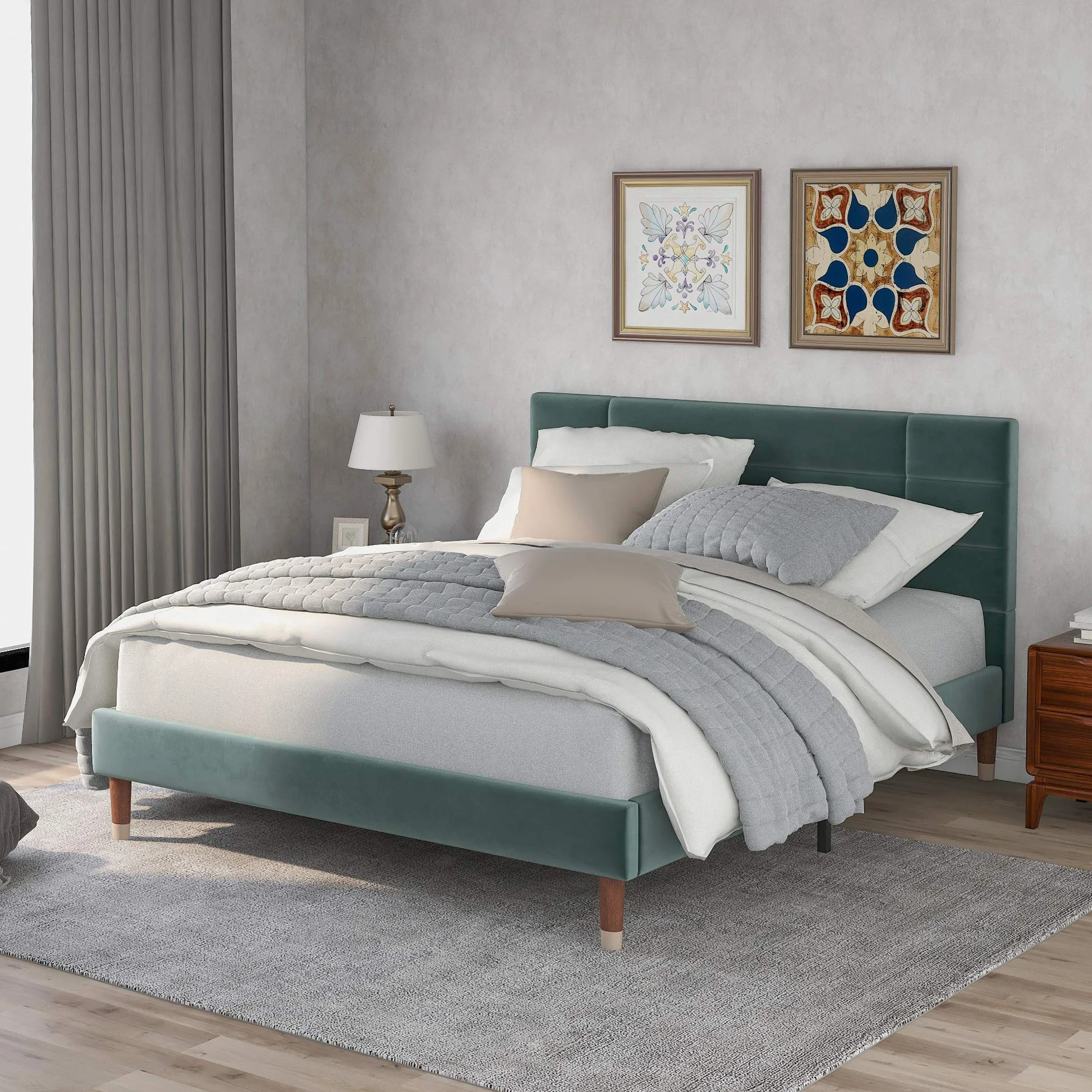ModernLuxe Cama doble tapizada con cajón y somier, 140 x 200 cm, estructura acolchada con cabecero en terciopelo verde oscuro para adultos y jóvenes (colchón no incluido) (verde oscuro)
