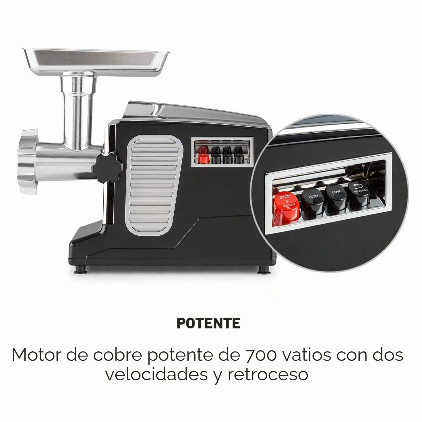 Klarstein Kraftprotz Picadora - Picadora de carne eléctrica, 700 W de potencia, 2 velocidades, Marcha atrás, Cuchilla de acero inoxidable, Gran bandeja de aluminio, Set de accesorios, Negro