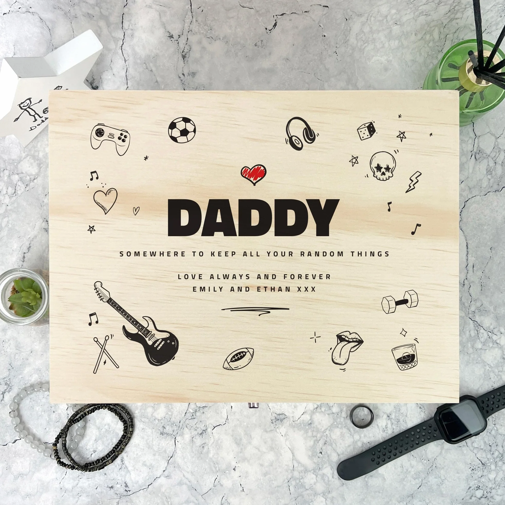 Caja de recuerdos personalizada de madera de pino con diseño de garabatos del día del padre, regalo del día del padre, caja de recuerdo de madera personalizada, añade tu propio texto, bisagras y
