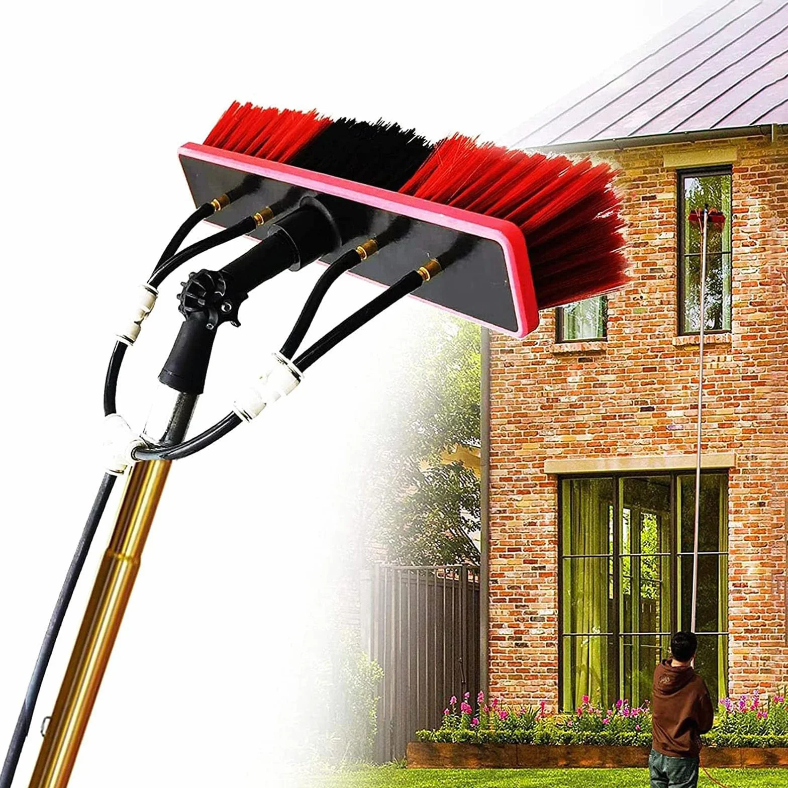 Kit de Limpieza de Ventanas: pértiga con Suministro de Agua y Cabezal de Cepillo para Limpiar techos, Paneles solares y Ventanas Altas. Alcance Extensible para un fácil a