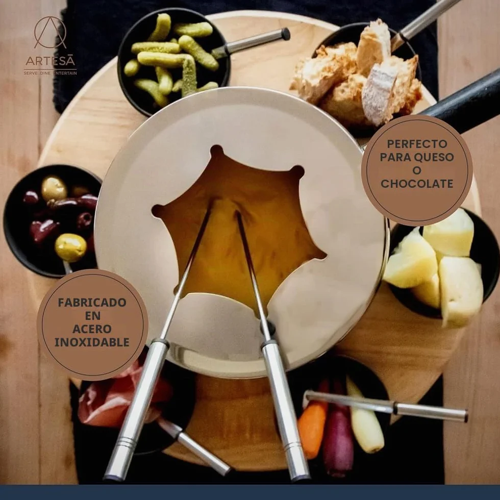 Artesà Juego de Fondue con Plato Giratorio Lazy Susan, Olla de Fondue de Acero Inoxidable con Quemador, Recipientes y Utensilios, Juego de 22 Piezas, Negro