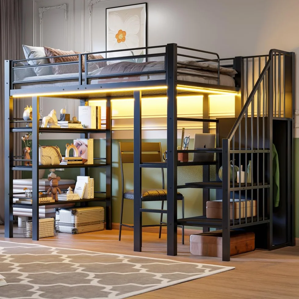 Cama alta de 90 x 200 cm con tira luminosa LED y toma de corriente, cama de hierro forjado con compartimento de almacenamiento y librería, cama individual de metal multifuncional, sin colchón