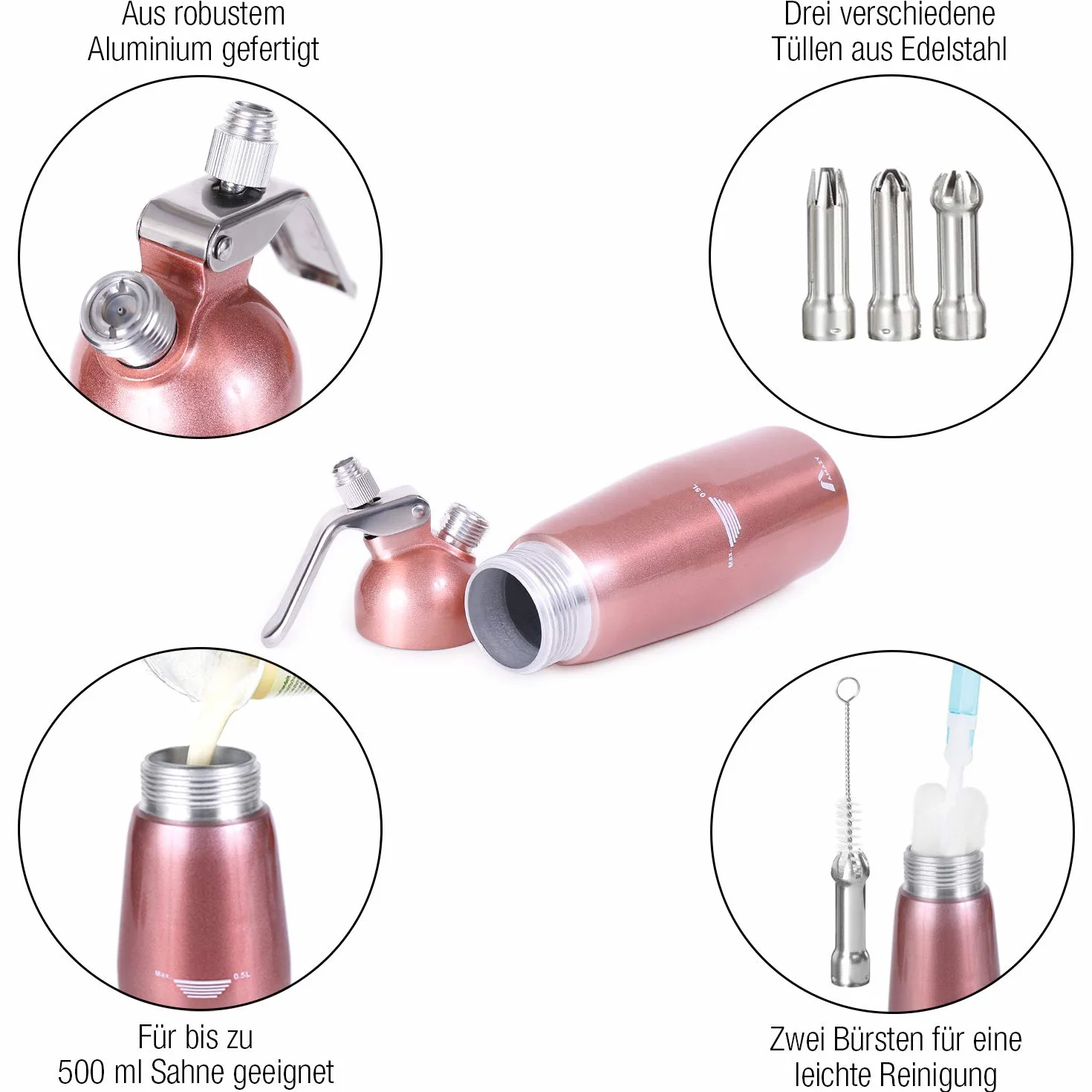 Amazy Sifon de Cocina para Espuma Profesional - Incluye 3 Accesorios Decorativos de Acero Inoxidable y 1 Cepillo Dispensador de Nata montada para Crema, Nata, Espuma y Soda (Rosa 500 ml)