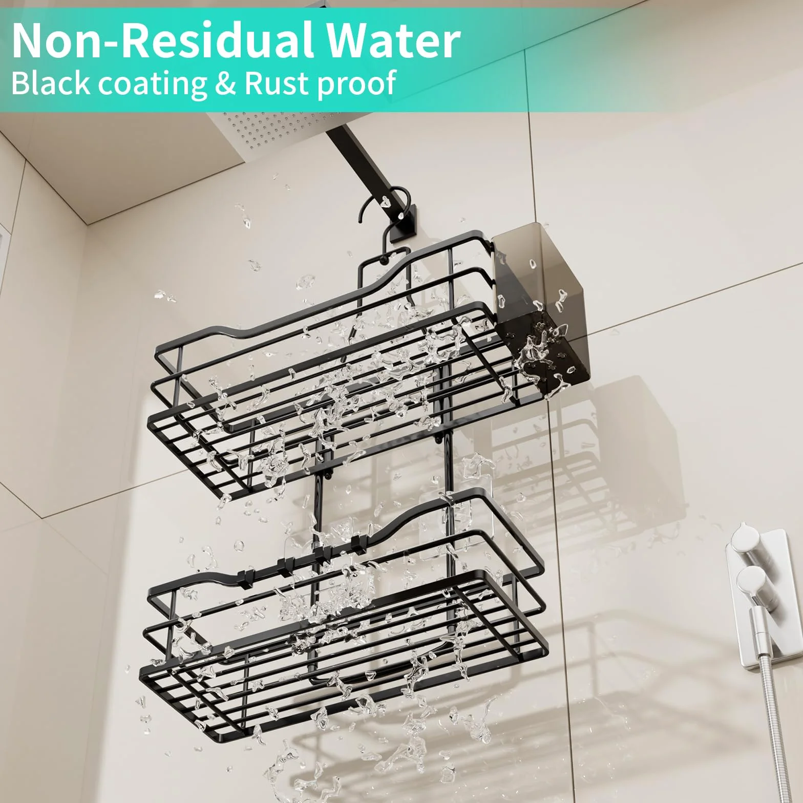 HapiRm Organizador colgante para ducha, organizador de baño de 2 niveles con gancho superior giratorio de 360° y 4 ganchos, estante de ducha negro inoxidable para champú, acondicionador y